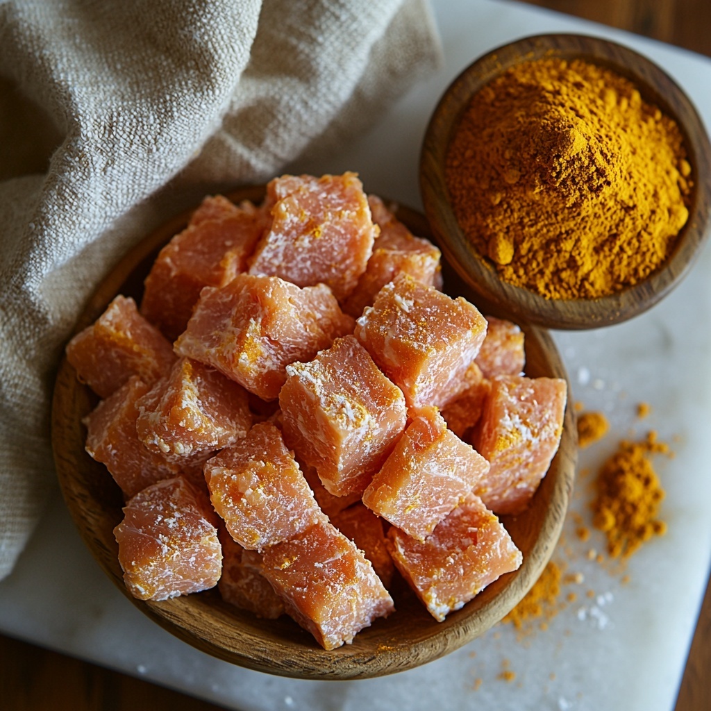 A clean white marble surface with a neatly arranged flat lay of ingredients for high protein ground turkey jerky for dogs: a small mound of fresh, raw ground turkey with its soft, pinkish texture visible; a small wooden bowl containing vibrant golden-yellow turmeric powder with some scattered powder gently dusting the surface nearby; a natural linen cloth folded casually on one side, adding warmth and texture; soft natural light highlighting the colors and textures, minimal shadows creating a fresh and appetizing look; simple and rustic kitchen utensils placed subtly to frame the composition without distraction. overhead shot, top down view, flat lay photography, professional food styling --ar 1:1 --q 2 --s 750 --v 6.1