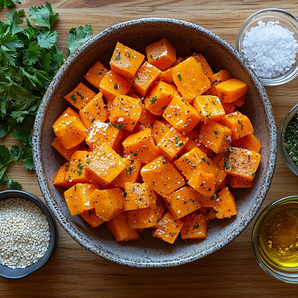 vibrant flat lay of peeled, bright orange carrot chunks neatly arranged in a rustic ceramic bowl; small glass bowls nearby holding rich red harissa paste, golden honey with glossy texture, and smooth olive oil with a slight sheen; scattered around are fine piles of coarse garlic powder and white salt crystals; fresh green chopped parsley and cilantro leaves artfully sprinkled on a light wooden surface; a small dish containing a mix of toasted sesame seeds and nigella seeds adds texture contrast; soft natural light highlighting the glossy glaze on carrots and the varied textures of ingredients; minimalistic, clean background with subtle shadows for depth, evoking warmth and freshness; overhead shot, top down view, flat lay photography, professional food styling --ar 1:1 --q 2 --s 750 --v 6.1