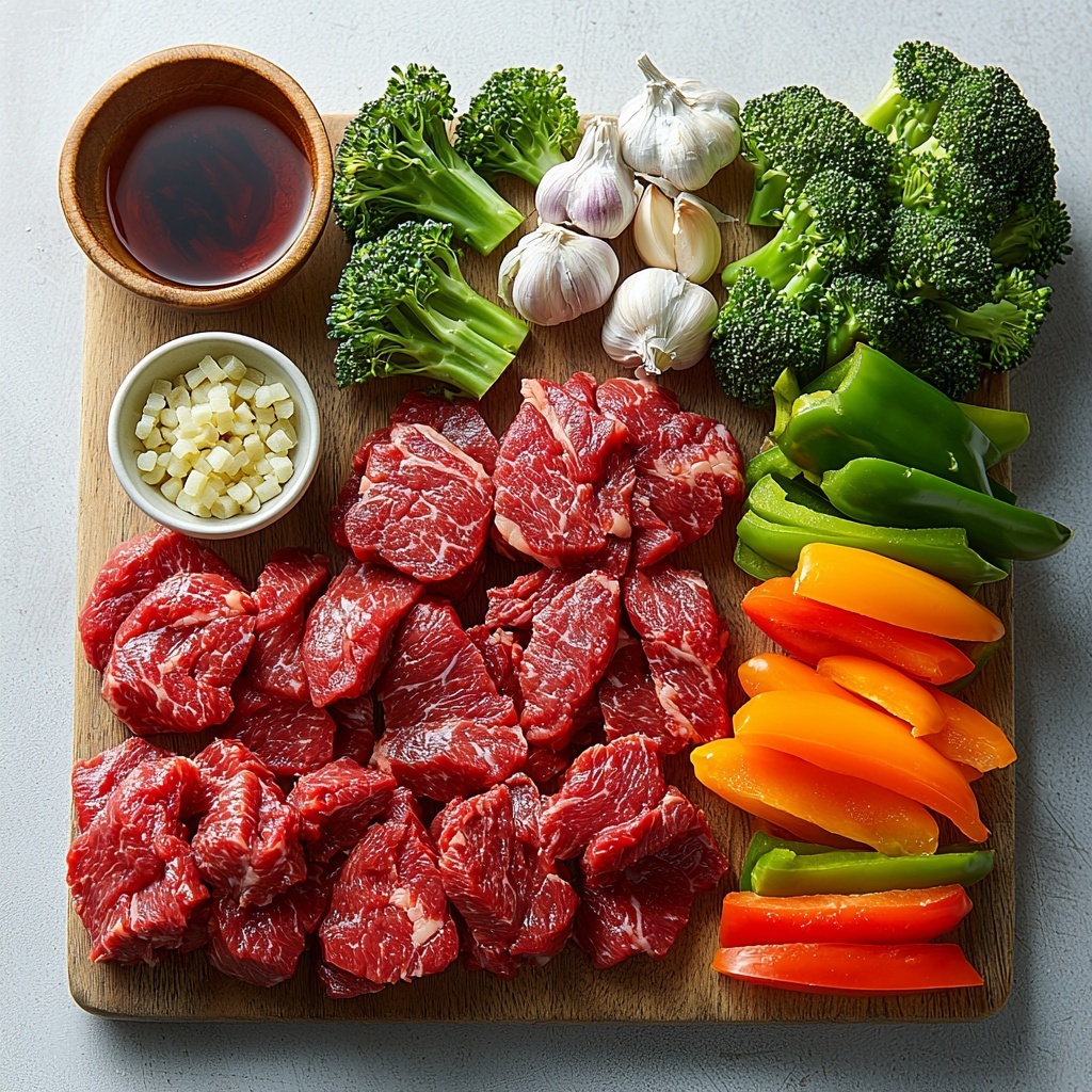 A clean, bright white surface showcasing a neatly arranged flat lay of fresh ingredients for beef stir fry: thinly sliced, marbled beef flank steak fanned out to show texture; vibrant mixed-color bell pepper slices (red, yellow, green) in a small cluster; fresh, deep green broccoli florets grouped together; crisp, julienned bright orange carrots laid parallel in a small pile; a small bowl of glossy, dark brown low-sodium soy sauce; a small dish of golden sesame oil with slight amber hues; finely grated pale yellow fresh ginger in a neat mound; two cloves of garlic, peeled and minced, with visible texture; a tiny heap of white sugar crystals; and a small container of clear vegetable oil reflecting soft light. The ingredients are spaced evenly with natural shadows, styled with minimalistic props like a wooden spoon and linen napkin to add warmth, emphasizing vibrant colors and contrasting textures. Soft, diffused natural lighting enhances freshness and detail. overhead shot, top down view, flat lay photography, professional food styling --ar 1:1 --q 2 --s 750 --v 6.1