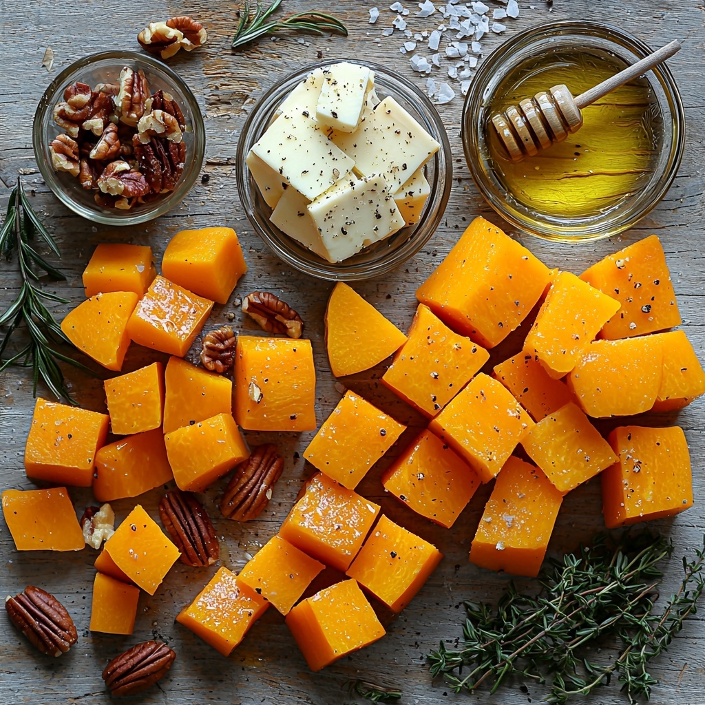 medium butternut squash peeled and cubed vibrant orange cubes arranged neatly, 2 tablespoons glossy olive oil in a small glass bowl, coarse salt and ground black pepper sprinkled artfully on a clean white surface, 4 ounces creamy brie cheese sliced and some torn pieces showing soft texture, 1/3 cup toasted pecans rich brown with a slight sheen scattered naturally nearby, 2 to 3 tablespoons golden hot honey in a small drizzle pool with hints of chili flakes visible, fresh green thyme and rosemary sprigs placed delicately for garnish, all ingredients spaced evenly on a clean light wooden table, natural soft daylight highlighting warm autumn colors, sharp focus on textures like the caramelized edges of squash and melted brie softness, minimalist rustic styling with subtle shadows, overhead shot, top down view, flat lay photography, professional food styling --ar 1:1 --q 2 --s 750 --v 6.1