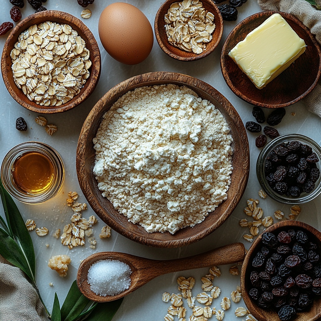 A clean, bright surface featuring an artful flat lay arrangement of soft and chewy oatmeal raisin cookie ingredients: a small rustic bowl of all-purpose flour (light off-white powder), scattered next to a wooden spoon dusted with ground cinnamon (warm brown fine powder), a small pile of baking soda (white powder), and a pinch of salt crystals. Nearby, a heap of old-fashioned rolled oats with their coarse, flaky texture in soft beige tones. A vintage butter dish holding half a cup of softened unsalted butter in pale creamy yellow, slightly glossy. Next to it, two small ceramic bowls—one filled with packed light brown sugar (deep amber, sticky granules) and the other with white granulated sugar (sparkling fine crystals). A single large brown egg with smooth shell sits gently on the surface, alongside a small glass jar of pure vanilla extract with dark amber liquid reflecting light. Lastly, a generous mound of plump, dark raisins with wrinkled shiny texture adds rich contrast. The ingredients are spaced evenly and styled with natural props like a linen napkin and wooden utensils, soft natural lighting highlighting the varied textures and warm earthy colors, enhancing the cozy, homey baking vibe. Overhead shot, top down view, flat lay photography, professional food styling --ar 1:1 --q 2 --s 750 --v 6.1