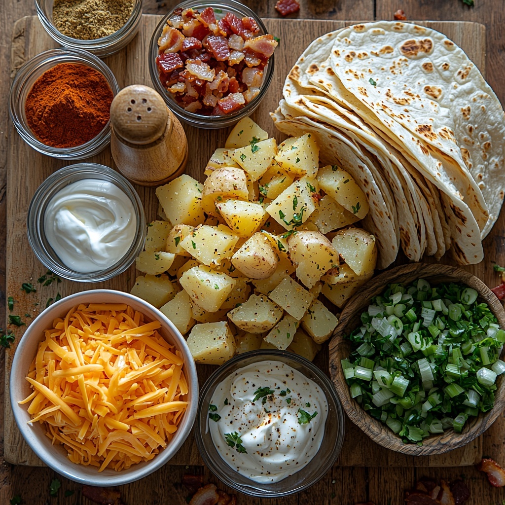 2 large peeled and diced russet potatoes in a small white bowl, bright orange shredded cheddar cheese piled next to it, creamy white sour cream in a glass ramekin, small wooden spoons holding vibrant red paprika, light brown garlic powder, and warm beige cumin, a small salt and pepper shaker pair arranged neatly, 4 large soft flour tortillas stacked with a slightly wrinkled texture, crispy cooked bacon bits scattered in a rustic ceramic bowl, finely chopped fresh green onions with vivid green hues on a small cutting board, all ingredients spaced evenly on a clean, smooth light wooden surface with natural daylight casting soft shadows, fresh and inviting color contrast, minimalistic styling with casual yet deliberate arrangement to showcase textures and colors clearly, overhead shot, top down view, flat lay photography, professional food styling --ar 1:1 --q 2 --s 750 --v 6.1