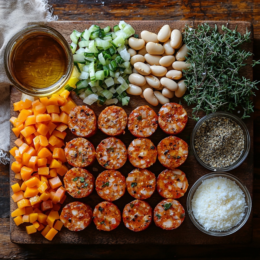 A clean, bright wooden surface with an artful flat lay arrangement of sausage and bean soup ingredients: golden olive oil in a small glass bowl, finely diced yellow onion with a soft translucent glow, vibrant orange diced carrots, fresh green diced celery ribs, two peeled garlic cloves and a small pile of minced garlic, a small ramekin of rich red tomato paste, teaspoons of Italian seasoning, ground cumin, smoked paprika, and freshly cracked black pepper arranged in neat piles or tiny bowls – warm earth tones contrasting with fresh herbs; two halves of a bay leaf placed delicately nearby; sliced rounds of fully cooked chicken sausage showcasing a browned, slightly crispy exterior; two cans of creamy white cannellini beans poured out partially onto the surface to reveal smooth texture; a small glass of creamy 2% milk next to a bowl of fine white cornstarch powder; a sprinkle of coarse salt crystals and a small heap of grated Parmesan cheese with its flaky texture catching light; natural soft daylight emphasizing the varied textures and colors, subtle shadows adding depth, all ingredients spaced evenly with slight organic asymmetry for visual interest, styled to highlight freshness and earthiness, with a neutral linen napkin folded on one side and a rustic wooden spoon to add warmth – overhead shot, top down view, flat lay photography, professional food styling --ar 1:1 --q 2 --s 750 --v 6.1