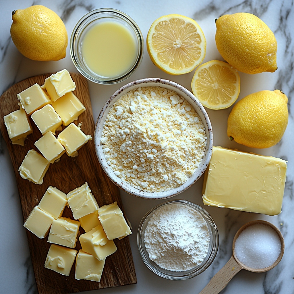 A clean white marble surface with all the main ingredients for gluten-free lemon bars neatly arranged: a small ceramic bowl of gluten-free all-purpose flour with a slightly coarse texture, next to a clear glass bowl filled with granulated sugar sparkling softly, a delicate porcelain dish holding fine powdered sugar, a softened golden block of unsalted butter on a small rustic wooden board, two large fresh eggs with smooth brown shells, a vibrant yellow lemon zest pile artfully scattered beside a small glass cup of bright freshly squeezed lemon juice showing subtle pulp, a white teaspoon filled with fine white baking powder, a tiny pinch of salt displayed on a white ceramic spoon. The ingredients are spaced evenly, surrounded by soft natural light that highlights the variety of textures and colors, with a few whole lemons and a vintage measuring spoon as subtle props in the frame for a balanced and inviting composition. Overhead shot, top down view, flat lay photography, professional food styling --ar 1:1 --q 2 --s 750 --v 6.1