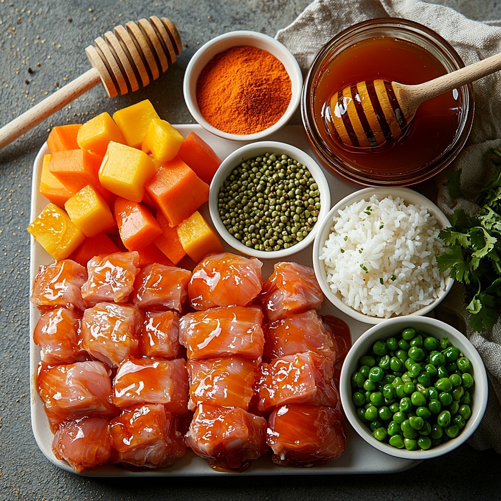 Boneless skinless chicken thighs raw and trimmed, whole and sliced; a small bowl of glossy deep reddish-brown BBQ sauce; a honey jar with golden amber honey dripping from wooden dipper; a cup of uncooked long-grain white rice with fine texture; a glass measuring cup filled with clear golden chicken broth; a small bowl of mixed fresh colorful vegetables including bright orange carrots, green peas, and yellow corn; piles of aromatic spices in small white dishes—smoked paprika with vibrant rusty red powder, garlic powder and onion powder with fine beige textures, coarse salt crystals and freshly cracked black peppercorns; a bunch of fresh chopped bright green onions scattered loosely; all ingredients carefully arranged on a clean, matte white surface with soft natural daylight casting gentle shadows, emphasizing vibrant colors and varied textures, styled with minimal rustic props like a wooden spoon and linen napkin nearby, creating a warm inviting atmosphere—overhead shot, top down view, flat lay photography, professional food styling --ar 1:1 --q 2 --s 750 --v 6.1