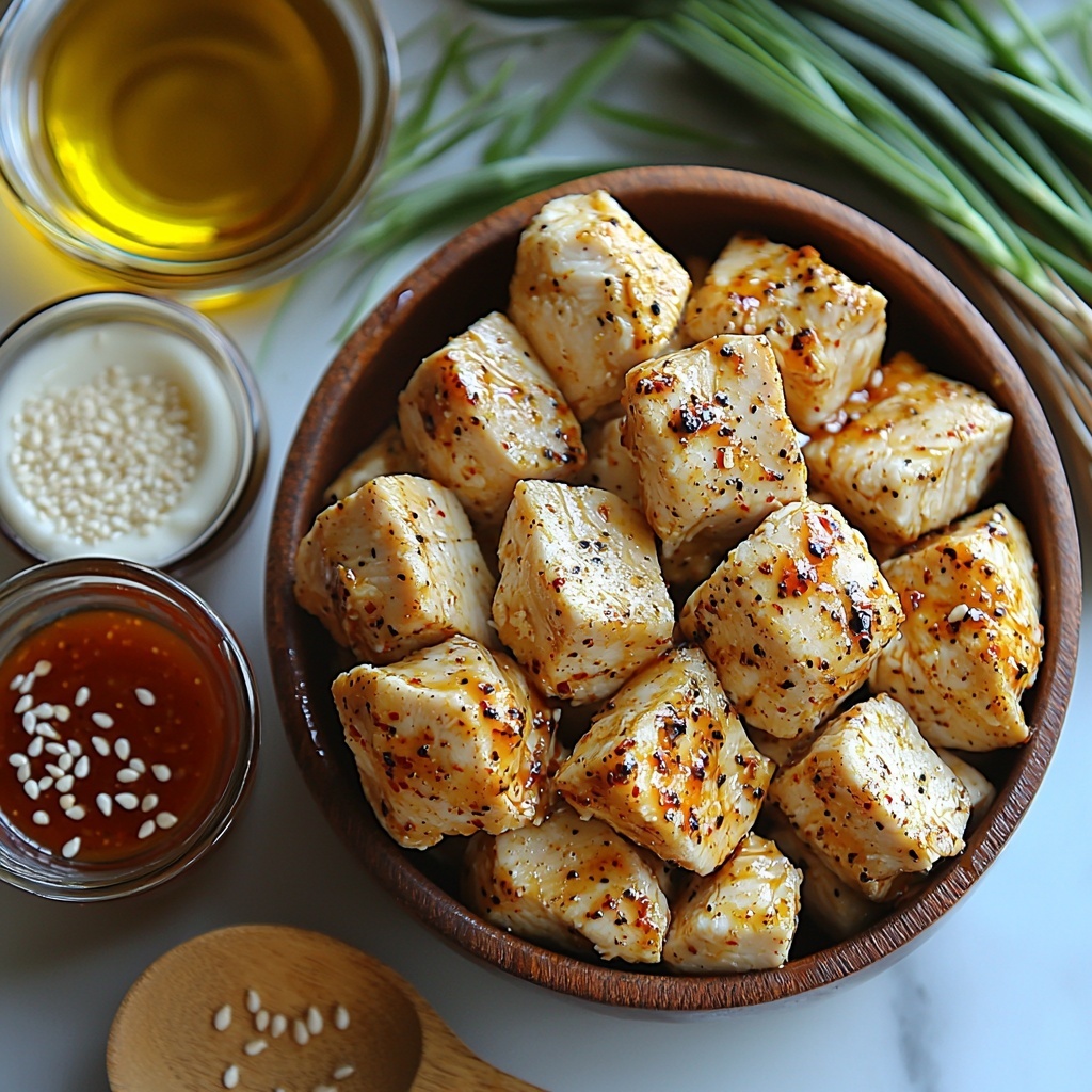 1 lb boneless skinless chicken breasts cut into bite-sized pieces arranged neatly in a small rustic bowl, a small glass bowl of golden olive oil with a slight sheen, coarse salt and cracked black pepper scattered artfully, wooden skewers stacked beside the chicken soaking in a shallow dish of water, a creamy white bowl of mayonnaise with smooth texture, a vibrant red bowl of sweet chili sauce with glossy finish, a small dish of fiery orange-red sriracha sauce, a tiny glass container of clear rice vinegar, a small heap of pale beige garlic powder on a wooden spoon, a fresh lime halved showing bright green juicy flesh, all ingredients placed on a clean white marble surface with natural light casting soft shadows, subtle sprigs of green onions and scattered sesame seeds for accent, minimalist and bright aesthetic focusing on fresh textures and vibrant colors, clean and airy styling, overhead shot, top down view, flat lay photography, professional food styling --ar 1:1 --q 2 --s 750 --v 6.1