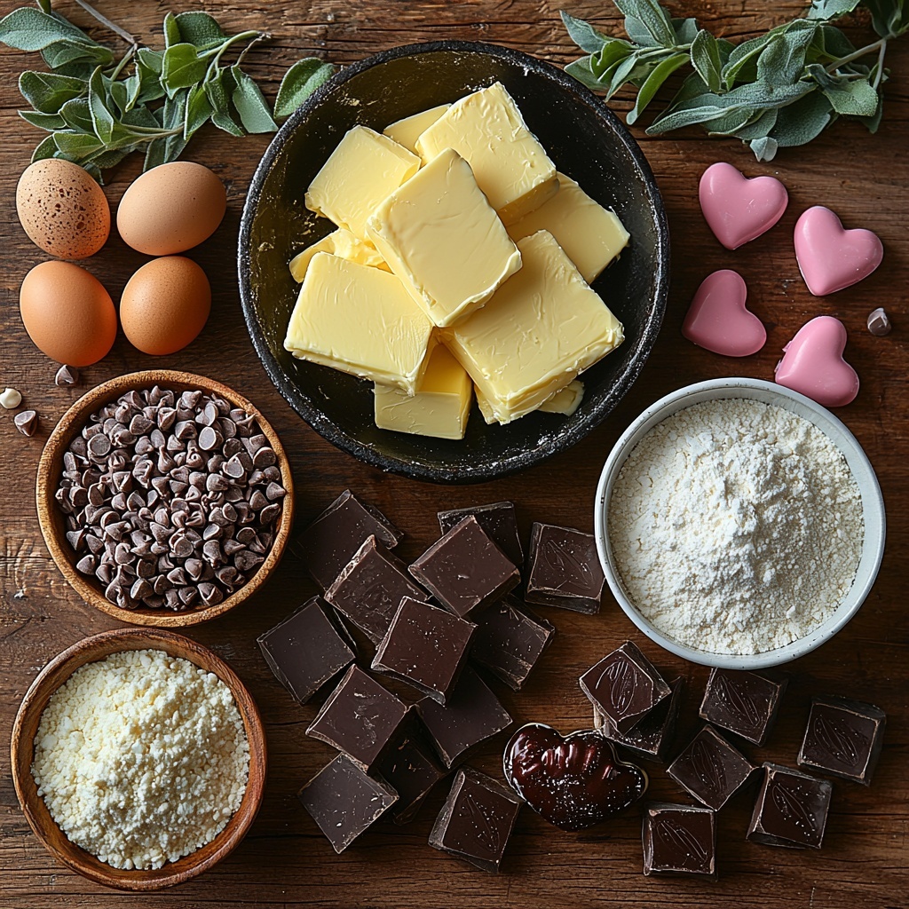 A clean, bright wooden surface with the main ingredients for a Valentine’s Day cookie skillet neatly arranged: two sticks of unsalted butter, pale yellow and softened, resting on simple parchment paper; a rustic small bowl of packed brown sugar with its rich, deep caramel color and crystalline texture visible; a separate bowl of fine granulated sugar, pristine and white; two fresh large eggs with smooth brown shells; a small glass container of amber vanilla extract; a mound of all-purpose flour, soft and powdery, in a white ceramic bowl; a tiny dish with baking soda, white and powdery; a pinch of salt crystals spilling slightly from a small wooden spoon; a generous heap of glossy semi-sweet chocolate chips scattered loosely on the surface; a charming cluster of heart-shaped chocolates—milk, dark, and pink candy-coated—arranged in an inviting, casual pattern. The light is soft and natural, highlighting the textures and subtle shadows, with a few sprigs of fresh greenery nearby for contrast. The overall composition is balanced, spacious, and visually appealing with warm tones and hints of Valentine’s romance. Overhead shot, top down view, flat lay photography, professional food styling --ar 1:1 --q 2 --s 750 --v 6.1
