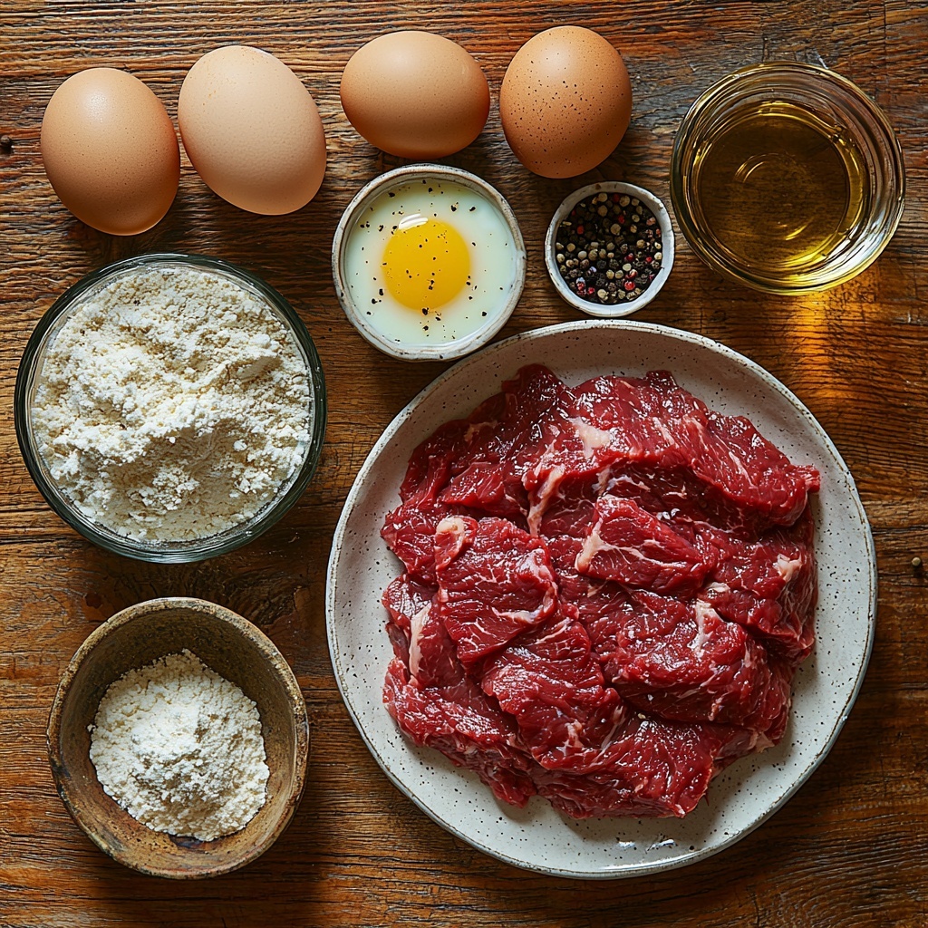 A clean, light wooden surface with all the main ingredients for country fried steak neatly arranged in an artful flat lay. Raw beef round steak, rich deep red with marbling, rests on a rustic white ceramic plate. Nearby, a small glass bowl filled with pale yellow buttermilk beside two large brown eggs, one cracked open showing glossy yolk. A ceramic bowl holds fluffy, white all-purpose flour dusted lightly around its edges. A small glass container of golden vegetable oil gleams next to a shallow bowl with a creamy beige mixture of heavy cream and low-sodium chicken broth. A vintage teaspoon holds freshly ground black pepper casting tiny dark specks. Textures vary from the coarse flour, smooth liquid buttermilk, glossy eggs, and firm raw steak, all arranged symmetrically with soft natural light highlighting the freshness. Minimal shadows add depth without distraction. Overhead shot, top down view, flat lay photography, professional food styling --ar 1:1 --q 2 --s 750 --v 6.1