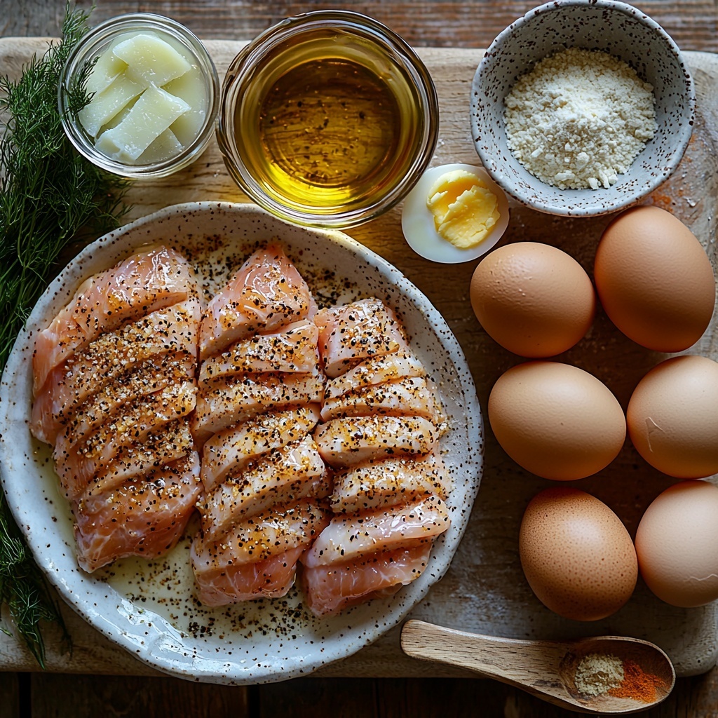 4 boneless, skinless chicken breasts laid out neatly on a clean white ceramic plate; next to them, a small glass bowl filled with translucent pale-green dill pickle juice; a rustic ceramic bowl of golden seasoned breadcrumbs mixed with finely grated off-white Parmesan cheese; another bowl containing two large brown eggs cracked open, with a few whole eggshells artistically placed nearby; a shallow bowl holding fine, powdery white all-purpose flour dusted lightly with specks of black pepper and pale yellow garlic powder; small wooden spoons resting on the surface, each holding vibrant reddish-orange paprika powder, ground black pepper, and onion powder with a soft beige hue; a small bottle of golden cooking oil with a glistening sheen; all items arranged with balanced spacing on a smooth light wooden board, with soft natural light casting gentle shadows, emphasizing textures—the flaky breadcrumbs, the glossy chicken breasts, the delicate powders—in a harmonious, inviting composition; overhead shot, top down view, flat lay photography, professional food styling --ar 1:1 --q 2 --s 750 --v 6.1