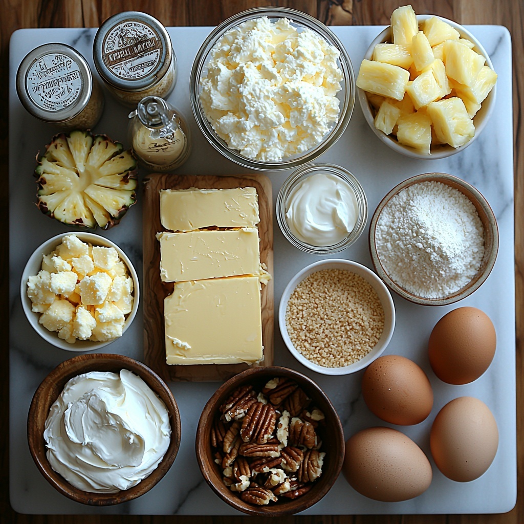 A clean white marble surface with all main ingredients artfully arranged for a flat lay shot: a small bowl of golden graham cracker crumbs, a clear glass measuring cup filled with melted golden butter, a white ceramic bowl with granulated sugar sparkling under soft light, a smooth block of cream cheese on a wooden cutting board, three large brown eggs resting naturally nearby, a small bowl of creamy sour cream with a silky texture, a vintage glass jar of vanilla extract with a dark amber color, a glass bowl filled with bright yellow crushed pineapple glistening with juice, a small dish holding glossy pale yellow pineapple chunks, a small ramekin with rich brown chopped pecans adding texture and warmth, and a drizzle of glossy melted white chocolate in a small white pouring jug. Soft natural light enhances the warm yellows, creamy whites, and earthy browns, while subtle shadows add depth. Minimal props keep focus on fresh ingredients, styled with a gentle, inviting aesthetic. overhead shot, top down view, flat lay photography, professional food styling --ar 1:1 --q 2 --s 750 --v 6.1