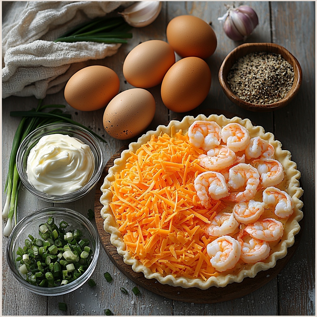 fresh Florida shrimp peeled and deveined, bright pink and translucent, arranged neatly in a small white bowl; shredded sharp cheddar cheese, vibrant orange-yellow, scattered loosely beside the shrimp; one unbaked pre-made pie crust with crimped edges on a simple wooden board; a glass measuring cup filled with smooth heavy cream, glossy white; three large brown eggs with warm earthy tones resting together; chopped green onions vibrant green and finely diced in a small ceramic dish; small glass bowls with garlic powder (off-white fine powder), salt (white crystals), and black pepper (dark specks) arranged in a clean line; all ingredients placed on a clean, light-colored rustic wooden surface with soft natural lighting creating gentle shadows and highlighting textures; shot styled with minimal rustic props, subtle linen napkin folded nearby for warmth, focus on fresh, clean, and inviting presentation overhead shot, top down view, flat lay photography, professional food styling --ar 1:1 --q 2 --s 750 --v 6.1