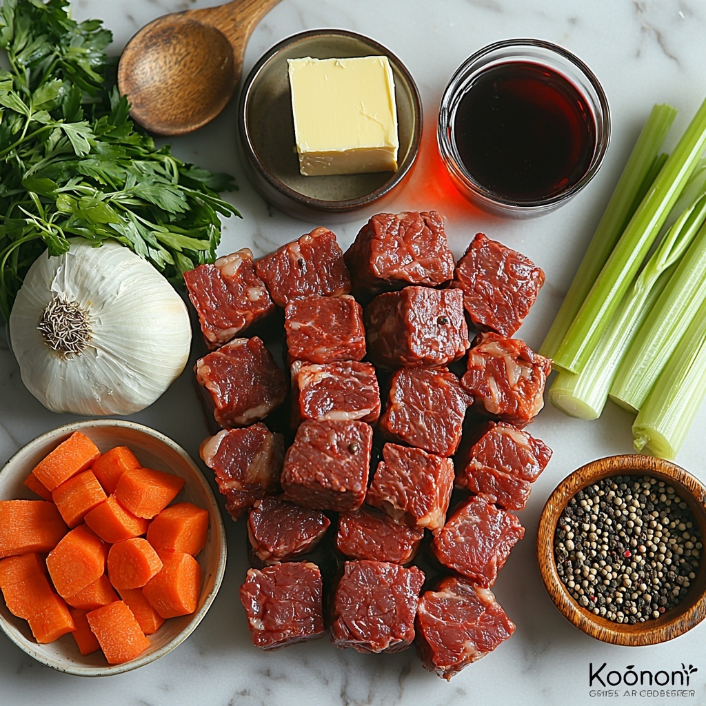 2.2 lbs beef chuck cubes with rich marbled texture, large peeled and roughly chopped golden onions with layered translucency, 2 medium bright orange carrots sliced into thick rounds, a rustic piece of pale beige celeriac with rough skin and knobby shape next to 2-3 fresh celery stalks in vibrant green tones, small glass bowl with smooth clarified butter glowing softly, a small ceramic dish holding thick, deep red tomato paste, scattered bright red sweet paprika powder and smoky dark red hot paprika powder artistically dusted nearby, an elegant wine glass filled with deep ruby red dry red wine, a clear measuring cup with amber low sodium beef stock, fresh bay leaves in deep green tones with natural veins laid out, a tiny wooden bowl with finely crushed dried marjoram in muted green, a tiny dish with light brown caraway seeds, coarse grains of glittering fine sea salt or Kosher salt sprinkled gently, a small vintage black pepper mill with some freshly ground black pepper spilled artistically on the surface. All ingredients meticulously spaced on a clean white marble countertop with soft natural daylight casting gentle shadows, emphasizing the natural colors and textures, styled with minimal rustic props such as a linen napkin softly folded on one side, wooden spoons and a sharp chef’s knife with a gleaming blade placed casually to frame the arrangement. overhead shot, top down view, flat lay photography, professional food styling --ar 1:1 --q 2 --s 750 --v 6.1