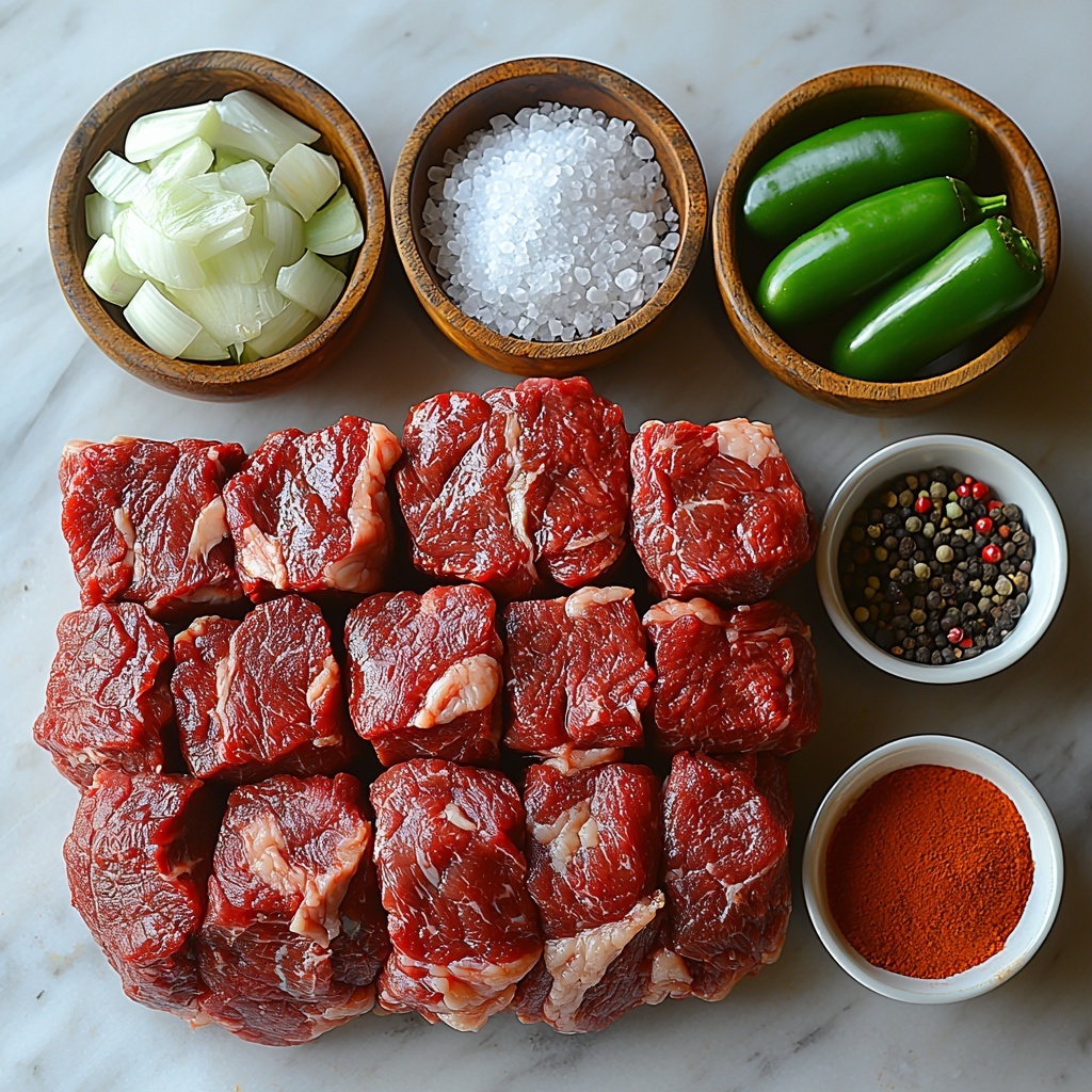 Barbacoa beef recipe ingredients flat lay on a clean white marble surface: a large raw beef roast with deep red marbled texture placed prominently in the center-left; a rustic wooden bowl filled with coarsely chopped white onion showing crisp layers nearby; richly colored dark red canned chipotle chilies in adobo sauce beside 3 fresh vibrant green jalapenos with a glossy sheen; small ceramic bowls containing warm reddish-brown chili powder and golden-brown ground cumin powder; delicate piles of coarse white salt and freshly cracked black peppercorns on small smooth white spoons; a shiny metal tablespoon resting near the spices; a unopened 14.5 oz can of beef broth with subtle reflections; natural soft diffused light casting gentle shadows emphasizing textures; minimalistic styling with clean lines and balanced negative space; slight crumbs and spice traces for authenticity; overhead shot, top down view, flat lay photography, professional food styling --ar 1:1 --q 2 --s 750 --v 6.1