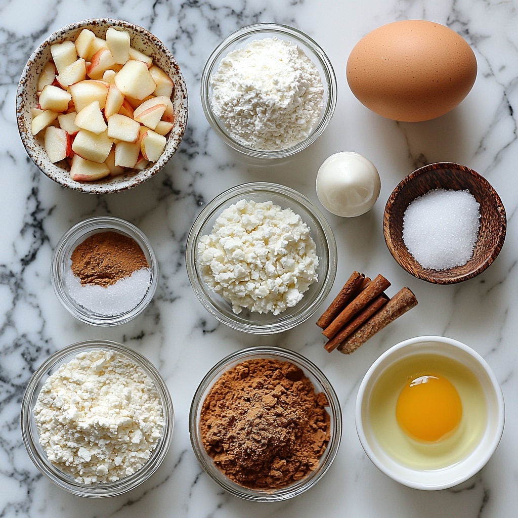 A clean white marble surface with all the main ingredients for mini apple fritter waffle donuts neatly arranged: a small clear glass bowl of light beige all-purpose flour, a tiny ramekin with warm brown cinnamon powder, a smaller dish containing fine nutmeg powder, a vintage spoon with sparkling white granulated sugar, a small pile of white baking powder, a pinch of table salt in a tiny ceramic dish, a translucent bowl of pale cornstarch, a fresh large brown-speckled egg cracked open with yolk visible in a white ramekin, a small glass measuring cup filled with creamy off-white milk, a shallow dish with golden oil, a mound of freshly shredded pale green and white apples with hints of red peel, a medium bowl of fine snowy white powdered sugar, a little jug of smooth milk for glaze, and a small bowl of rich amber vanilla extract. Nearby, a tiny bowl of cinnamon sugar adds warm reddish-brown tones. The ingredients are spaced evenly with soft natural light highlighting the varying textures: powdery flours, rough shredded apples, glossy egg yolk, and delicate liquids. Minimal shadow, subtle rustic props like a wooden spoon and linen napkin on the side enhance the cozy, inviting mood. Overhead shot, top down view, flat lay photography, professional food styling --ar 1:1 --q 2 --s 750 --v 6.1