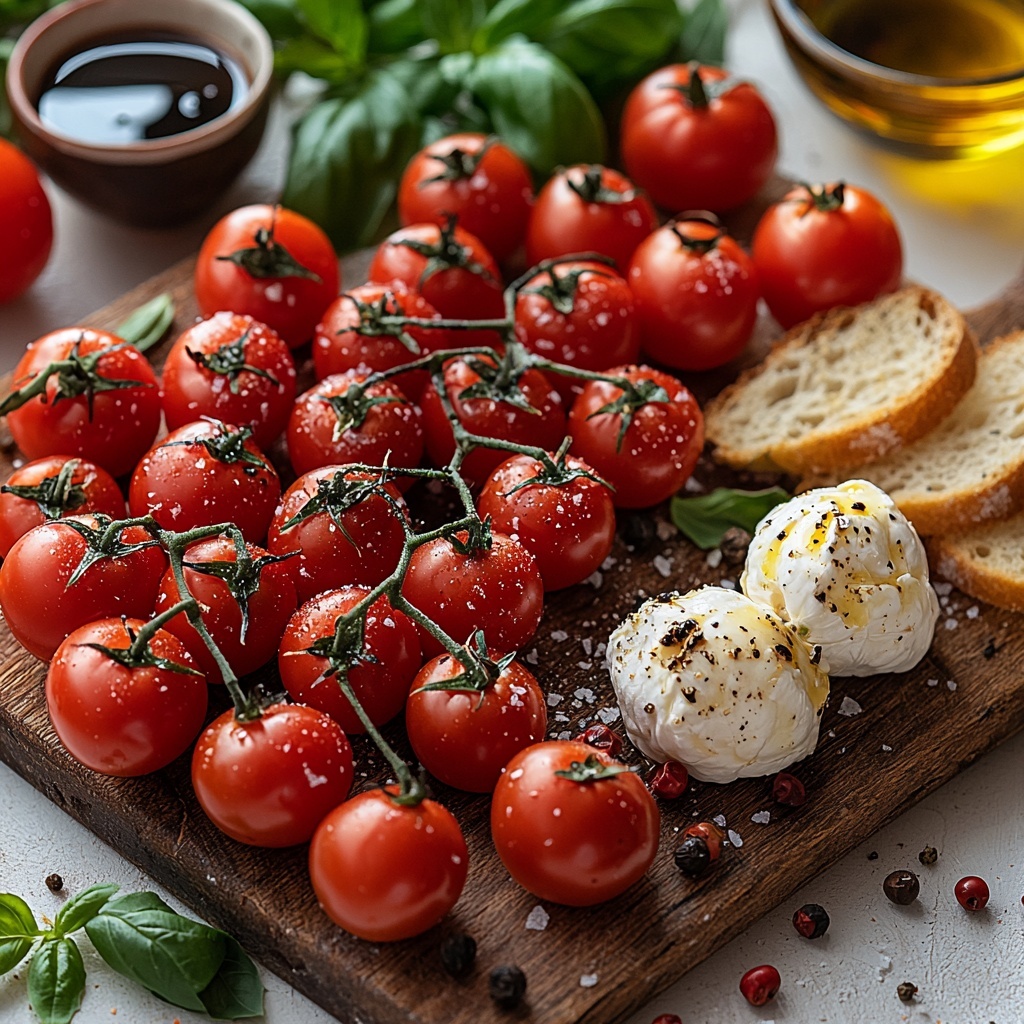 cherry tomatoes and grape tomatoes scattered in small clusters, vibrant red and glossy with natural shine; peeled and smashed garlic cloves arranged casually nearby, off-white with slight texture; sprigs of fresh thyme and oregano placed artfully around, deep green and delicate leaves contrasting with the reds; a small clear glass bowl filled with golden olive oil catching light reflections; kosher salt grains and freshly cracked black pepper coarsely sprinkled on the surface for texture; two smooth, creamy white burrata cheese balls resting on a rustic wooden board; roughly chopped fresh basil leaves scattered lightly around, bright green and fresh; a small drizzle pool of dark, glossy balsamic glaze with rich, syrupy texture on a white ceramic spoon; crostini and crusty bread slices arranged on the side, golden brown with crisp textures; all set on a clean white marble tabletop to enhance colors and textures, natural daylight highlighting freshness and vibrancy, minimal shadows, styled with delicate kitchen linen in neutral tones nearby for warmth and softness overhead shot, top down view, flat lay photography, professional food styling --ar 1:1 --q 2 --s 750 --v 6.1