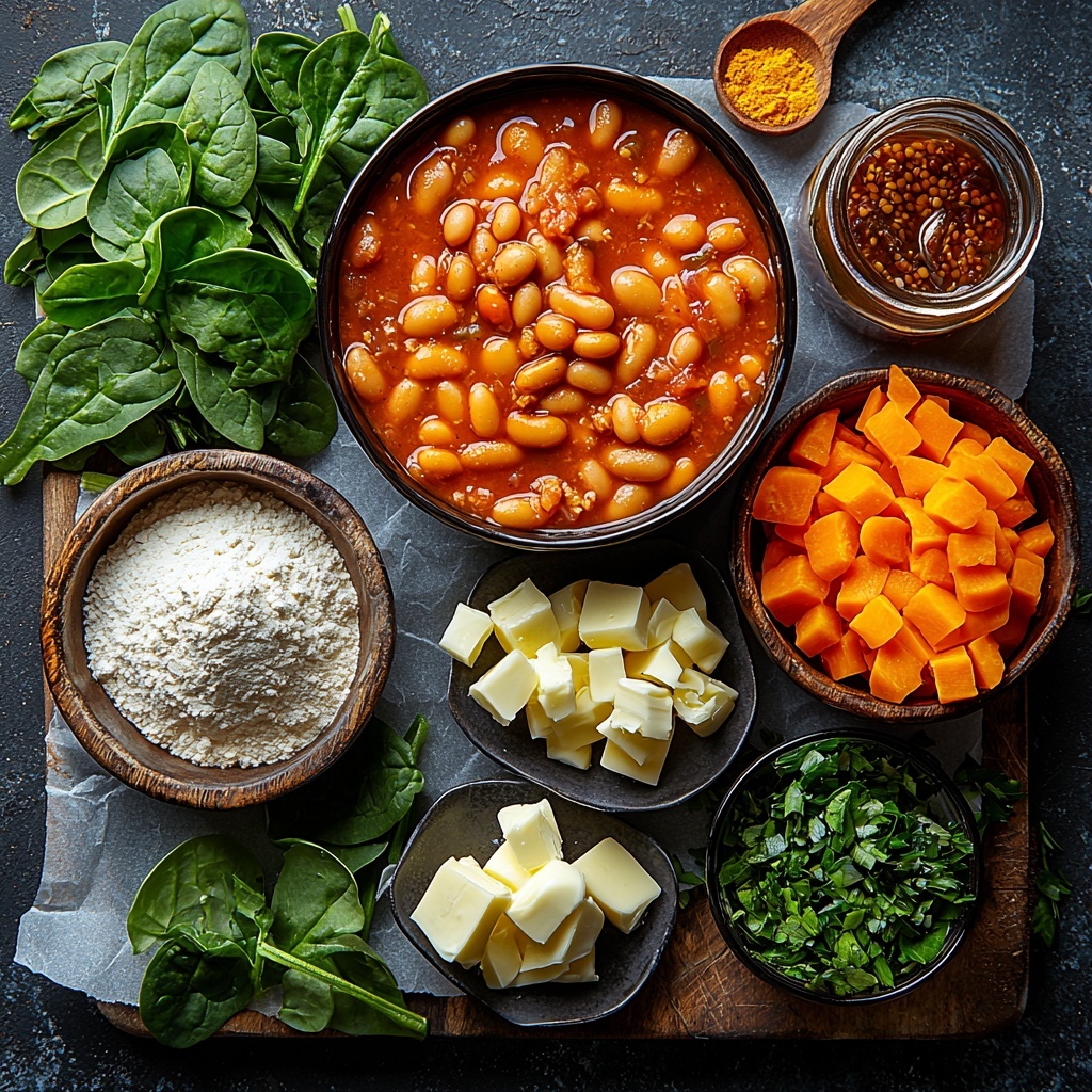 /Imagine a clean, bright kitchen surface with all main ingredients for pinto bean soup carefully arranged for a flat lay overhead shot. Centered are two open cans of pinto beans, their deep reddish-brown beans visible. Surrounding them are a small mound of fresh vibrant green spinach leaves, a handful of diced bright orange carrots, diced pale green celery ribs, and finely diced translucent yellow onion neatly placed in small bowls and piles. Nearby, three cloves of peeled garlic with smooth white surfaces are arranged alongside a small heap of golden-brown flour and a pat of creamy butter. A raw pound of ground sausage with rich pinkish-red marbling rests on parchment paper with natural texture. Tiny wooden spoons hold dried green basil, parsley, and oregano, plus pale yellow mustard powder and ground black pepper, each sprinkled artistically. A small glass jar of dark reddish-brown Worcestershire sauce and a tiny bottle of fiery red hot sauce add rich contrast. A measuring cup with clear, golden chicken broth completes the scene. The light is natural and soft, casting gentle shadows that enhance the textures – the glistening beans, the rough flour, the soft leafy spinach, and the ground meat’s rugged surface all stand out vividly. The composition is balanced, with colors and shapes thoughtfully placed to create harmony and inviting warmth. overhead shot, top down view, flat lay photography, professional food styling --ar 1:1 --q 2 --s 750 --v 6.1