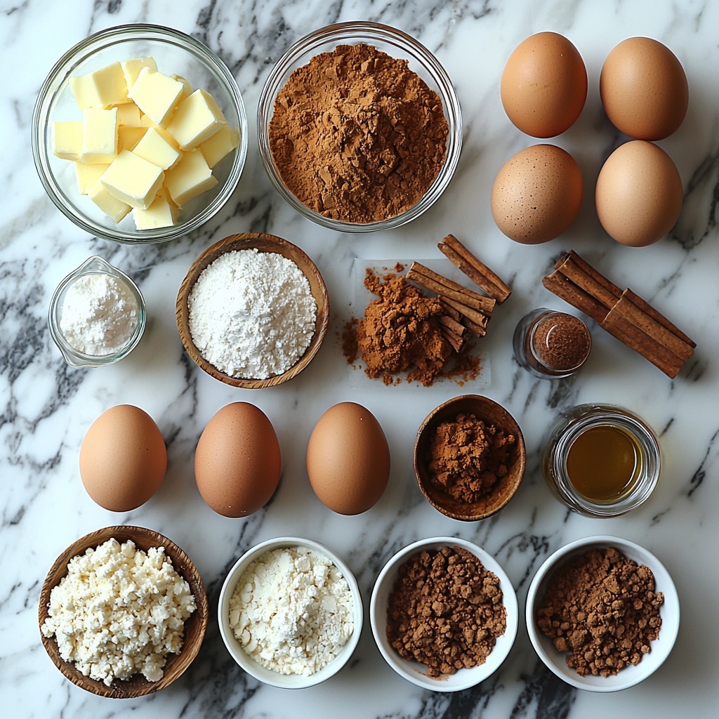 Brown sugar (light and dark), granulated sugar, ground cinnamon, salt, melted unsalted butter in a small glass bowl, whole all-purpose flour in a neat pile with a wooden scoop, baking soda and baking powder in tiny white ceramic spoons, softened unsalted butter in a small dish, large brown eggs with smooth shells, full-fat sour cream in a clear glass ramekin, vanilla extract in a small amber bottle, peeled chopped apples mixed with a sprinkle of cinnamon in a white bowl, all ingredients carefully arranged on a clean white marble surface. The scene showcases warm tones of brown sugars and cinnamon contrasting with the creamy yellows of butter and eggs, the soft whites of flour and sour cream, and the fresh pale green and red hues of the apple pieces. Textures include the fine grain of sugars, powdery flour, smooth creamy butter and sour cream, glossy eggshells, and crisp apple chunks. Subtle natural daylight coming from the side casts soft shadows, accentuating each ingredient’s texture. Minimal props, clean lines, and generous negative space keep the focus on the ingredients’ natural beauty. Overhead shot, top down view, flat lay photography, professional food styling --ar 1:1 --q 2 --s 750 --v 6.1