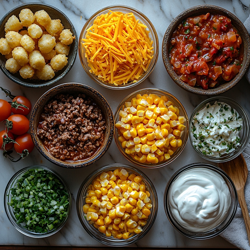flat lay of cowboy casserole ingredients arranged neatly on a clean white marble surface: raw 2 lbs ground beef in a rustic ceramic bowl, medium diced onion scattered nearby, small glass bowls with coarse salt, black pepper, and garlic powder, an opened can of bright yellow drained corn kernels glistening, a can of vibrant red Rotel tomatoes with green chiles with rich juices visible, a smooth and creamy bowl of cream of mushroom soup, a separate bowl of thick sour cream with glossy texture, two piles of shredded sharp cheddar cheese, one cup and another cup divided, a bag of golden frozen tater tots spilling some onto the surface, sliced fresh green onions with bright green and white hues, small glass dish of crispy bacon bits, all ingredients carefully spaced with natural overhead soft daylight emphasizing the contrasting colors and textures—meaty, creamy, crunchy, fresh—styled with rustic wooden spoons and a folded linen napkin for warmth, subtle shadows adding depth, clean and inviting atmosphere overhead shot, top down view, flat lay photography, professional food styling --ar 1:1 --q 2 --s 750 --v 6.1