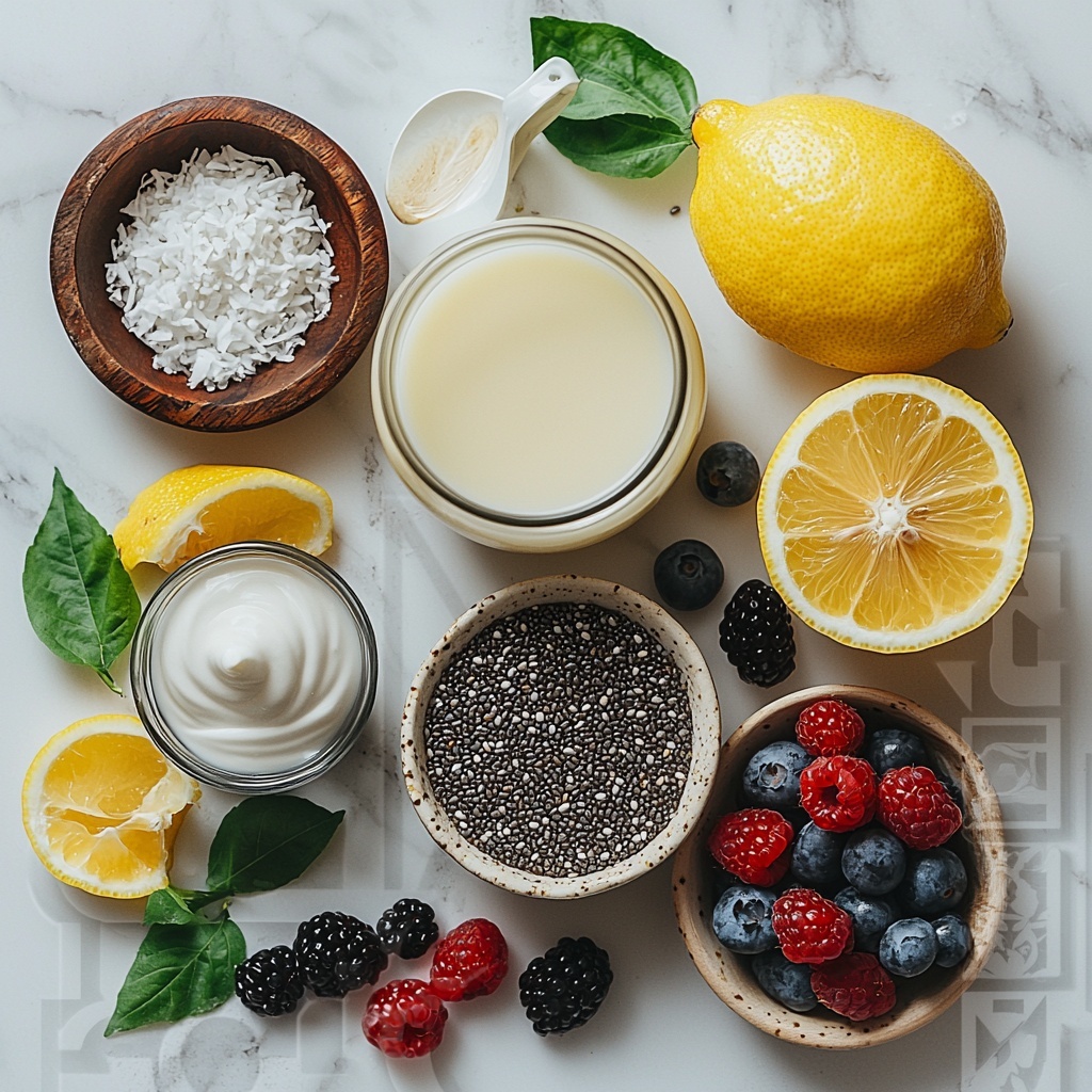 Lemon Chia Seed Pudding ingredients arranged on a clean white marble surface: small glass jug of creamy off-white unsweetened milk (coconut or almond), a clear glass bowl with tiny shiny black chia seeds, a bright yellow halved lemon with visible juicy pulp, a small rustic wooden bowl filled with fresh yellow lemon zest curls, a small glass container of golden amber maple syrup, a tiny white ceramic spoon holding vanilla extract, a pinch of coarse sea salt scattered lightly on the surface, optional toppings including delicate coconut flakes in a small dish, vibrant fresh mixed berries with reds and blues, and a dollop of smooth white whipped cream or coconut yogurt on a small plate. The ingredients are neatly spaced with natural light casting soft shadows, textures contrasting from smooth liquids, granular seeds, fluffy coconut flakes, and glossy berries. The composition is minimalist yet colorful, styled with fresh green lemon leaves and a linen napkin for warmth. overhead shot, top down view, flat lay photography, professional food styling --ar 1:1 --q 2 --s 750 --v 6.1