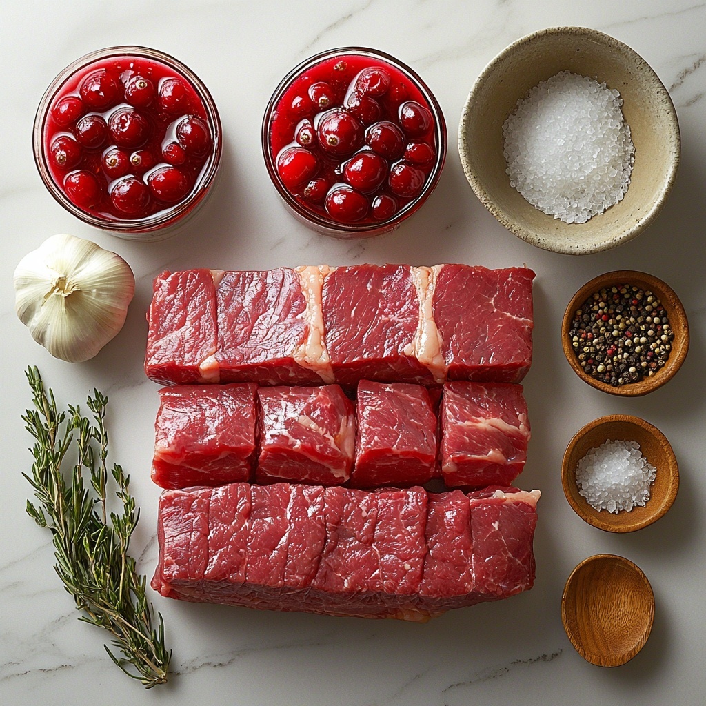 a flat lay of main ingredients for slow cooker cranberry beef brisket arranged neatly on a clean white marble surface: a large raw beef brisket with rich deep red color and marbled fat texture, a small open can of vibrant red cranberry sauce with glossy texture, a clear glass bowl of smooth dark brown beef broth, a whole onion thinly sliced into translucent rings showing light purple and white layers, two cloves of garlic finely minced with creamy off-white color, scattered loose dried thyme and rosemary sprigs with muted green tones, small piles of coarse salt and ground black pepper in neat piles, warm natural lighting highlighting the rich colors and subtle textures, soft shadows adding depth, minimalistic rustic styling with neutral linen napkin and wooden spoon nearby, overhead shot, top down view, flat lay photography, professional food styling --ar 1:1 --q 2 --s 750 --v 6.1