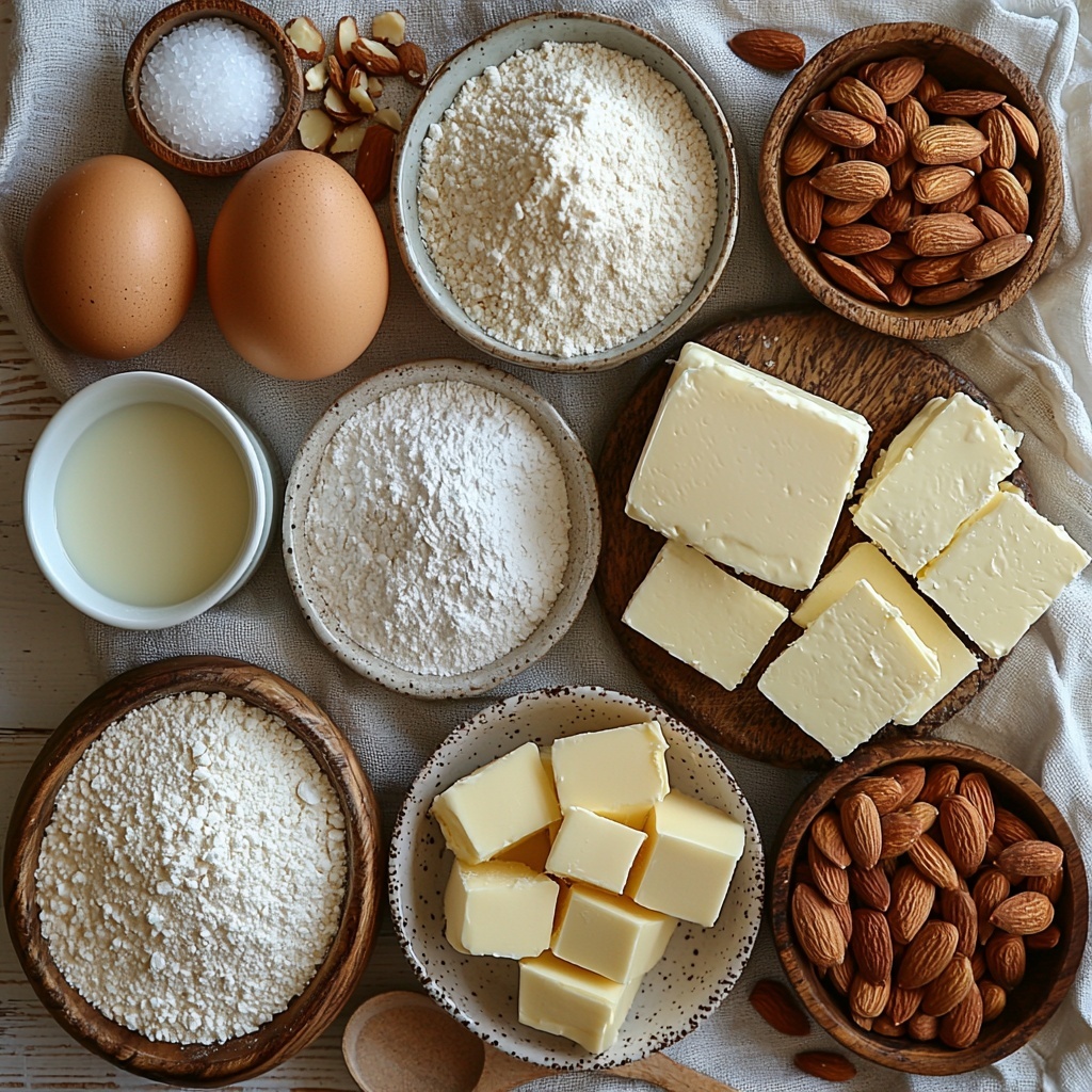 A bright, clean kitchen surface with all the main ingredients for almond cheesecake bars artfully arranged in a balanced flat lay. Softened unsalted butter in a small vintage glass bowl showing creamy texture; a crisp white ceramic bowl piled with fine all-purpose flour; a small heap of powdered sugar, light and powdery, beside a wooden spoon dusted with cornstarch; a tiny white dish holding flaky sea salt crystals; a block of cream cheese wrapped partially in wax paper showcasing its smooth, creamy surface; two large fresh eggs with smooth brown shells placed near a small bowl of granulated sugar with sparkling crystals; a ramekin with almond extract and almond emulsion in dark amber liquid form; a small bowl of milk with a faint creamy swirl on top; and a rustic wooden bowl filled with toasted sliced almonds displaying a warm golden-brown hue. Each element spaced evenly with natural light casting soft shadows, emphasizing varied textures from powdery to creamy to crunchy. Minimal, neutral-toned linen napkin folded nearby for warmth. Background clean and white, highlighting the subtle colors: pale yellows, soft whites, warm browns. Overhead shot, top down view, flat lay photography, professional food styling --ar 1:1 --q 2 --s 750 --v 6.1