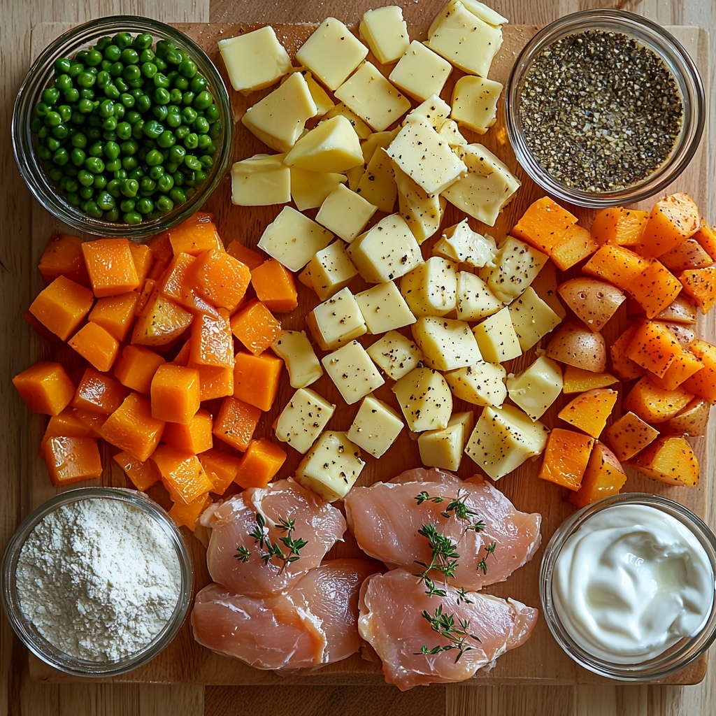 a clean white wooden surface with all main ingredients of chicken pot pie casserole artfully arranged in neat clusters: two small boneless skinless chicken breasts raw and pale pink, a large golden Yukon Gold potato with smooth skin, a small yellow onion finely diced in a little bowl, diced celery ribs fresh and bright green, diced orange carrots, three peeled garlic cloves, small bowls containing dried herbs—thyme, rosemary, parsley, ground sage, black pepper—powdered spices in tiny white dishes, a chicken bouillon cube, a small bowl of creamy heavy cream next to half and half, a mound of all-purpose flour and a heap of golden yellow butter cubes alongside sour cream in a glass bowl, beaten egg in a small ramekin, a dish of milk, and frozen peas scattered sparsely with frosty texture; scattered sprigs of fresh parsley add a touch of green; soft natural lighting highlights the contrasting textures—the smoothness of cream and butter, the roughness of flour, the moisture on fresh vegetables; composition balanced with pops of warm yellows, greens, and creams creating an inviting palette overhead shot, top down view, flat lay photography, professional food styling --ar 1:1 --q 2 --s 750 --v 6.1