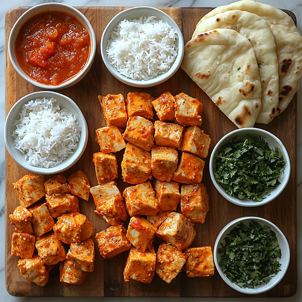 boneless skinless chicken breasts cut into large chunks on a wooden cutting board, small diced onion in a white ceramic bowl, small piles of garlic powder, ground ginger, curry powder, turmeric, paprika, salt, black pepper, and brown sugar arranged neatly on small white spoons and bowls, an opened 14-ounce can of creamy coconut milk with a smooth texture, an opened 8-ounce can of rich tomato sauce showing vibrant red color, a small clear bowl with cornstarch powder next to a small bowl of cold water, fresh bright green chopped cilantro scattered delicately on a white linen napkin, cooked fluffy white rice in a small rustic bowl and warm naan bread folded on a wooden platter, all ingredients artistically spaced on a clean white marble surface, soft natural lighting emphasizing the varied textures and vivid colors, subtle shadows for depth, overhead shot, top down view, flat lay photography, professional food styling --ar 1:1 --q 2 --s 750 --v 6.1