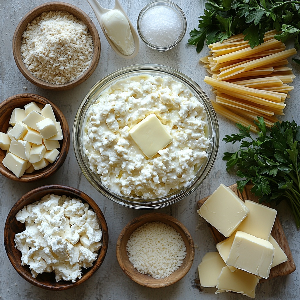 A clean, bright white surface arranged with the main ingredients for a Comforting Cottage Cheese Alfredo Bake: a small glass bowl filled with creamy, white cottage cheese; a clear measuring cup of smooth, pale milk; a few golden pats of butter stacked neatly on a vintage butter knife; a small rustic bowl with finely grated, off-white Parmesan cheese; small white spoons holding fine salt, coarse black pepper, and light beige garlic powder; a transparent jug with rich, amber chicken broth; uncooked, pale yellow penne pasta scattered artfully; chunks of moist, lightly browned cooked chicken breast arranged in a small bowl; a small pile of shredded mozzarella cheese, soft and stringy, bright white in color; fresh, vibrant green parsley sprigs to the side for a pop of color. Soft natural light accentuates the colors and textures, casting gentle shadows, with a minimalist, modern food styling aesthetic. Overhead shot, top down view, flat lay photography, professional food styling --ar 1:1 --q 2 --s 750 --v 6.1
