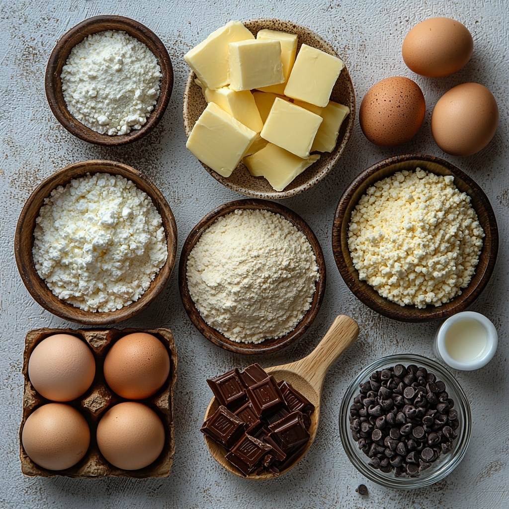 A clean white surface with ingredients neatly arranged for a flat lay photo: a small bowl of softened unsalted butter with a creamy texture, adjacent to separate piles of granulated white sugar and light brown sugar showing their fine and slightly coarse grains, two large fresh eggs with smooth brown shells, a small glass container of golden vanilla extract, a wooden scoop overflowing with white all-purpose flour creating a soft powdery mound, a small dish containing pale beige baking soda powder, a tiny heap of fine white salt crystals, a clear bowl filled with glossy caramel candies in rich amber hues, a splash of cream in a small white ceramic jug, a bowl of shiny, dark semi-sweet chocolate chips with a slight gloss, and a pinch of salt grains artistically scattered nearby. The arrangement is balanced with natural light casting soft shadows to highlight the textures and colors, styled with minimal rustic props like a wooden spoon and neutral linen, emphasizing warmth and inviting richness. Overhead shot, top down view, flat lay photography, professional food styling --ar 1:1 --q 2 --s 750 --v 6.1