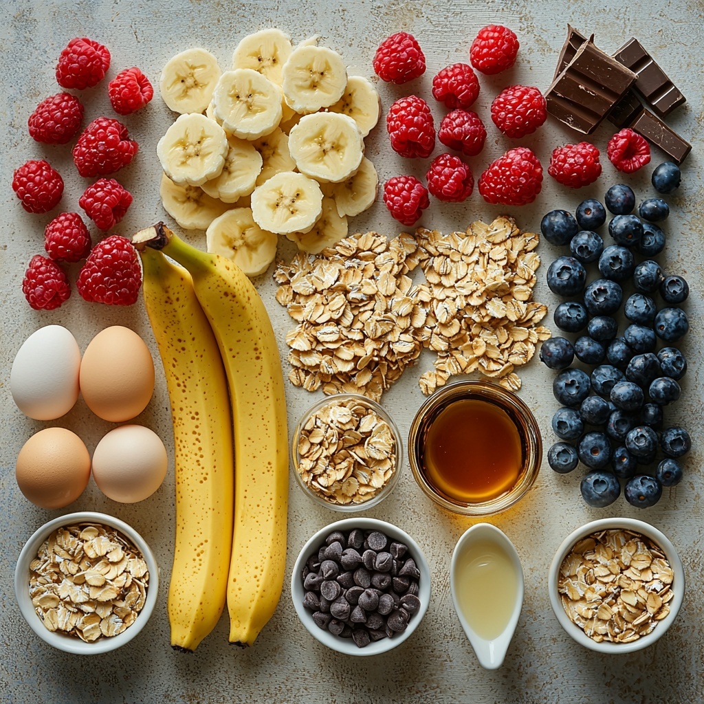 A clean, bright surface with all main ingredients artfully arranged for a flat lay photograph: a bunch of ripe yellow banana with some peeled slices fanned out, a small glass jug of unsweetened almond milk with a creamy white color, two whole brown eggs and one separated egg white in a small clear bowl, a neat pile of light tan rolled oats, a small white dish filled with golden amber 100% real maple syrup, a small white bowl of chocolate chips, a scattering of glossy fresh mixed berries (blueberries, raspberries, strawberries), a small heap of sliced pale beige almonds, a tiny white spoon with cream-colored vanilla extract liquid, a pinch of white baking powder and salt on minimal white dishes for texture contrast. The ingredients are spaced evenly but naturally, with soft natural light creating gentle shadows, emphasizing the variety of textures—smooth syrup, coarse oats, glossy berries, and creamy liquids. The composition is styled with minimal props, clean lines, and pops of warm yellow and red tones from the banana and berries, evoking freshness and wholesome homemade comfort. overhead shot, top down view, flat lay photography, professional food styling --ar 1:1 --q 2 --s 750 --v 6.1