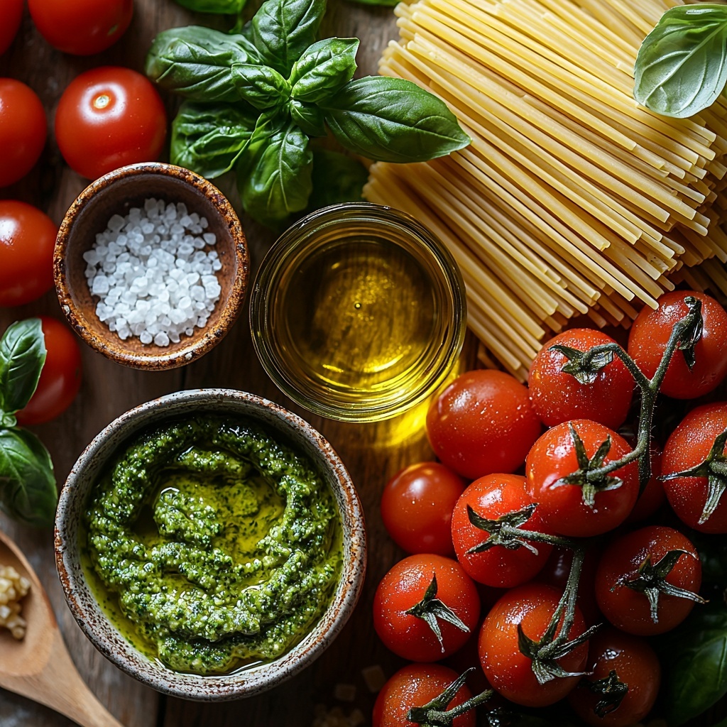 Twelve ounces of uncooked pasta (penne, fettuccine, and spaghetti varieties) artfully scattered and slightly overlapping, a small bowl of vibrant green fresh basil pesto with visible herb texture, a cluster of bright red halved cherry tomatoes arranged in a gentle arc, a small glass dish of golden olive oil catching the light, a tiny white spoon with coarse sea salt, a small pile of freshly ground black pepper, a rustic ceramic bowl filled with finely grated Parmesan cheese showing its fluffy texture, and a few sprigs of fresh deep green basil leaves placed delicately nearby on a clean, light-colored wooden surface. The composition balances warm reds, bright greens, and neutral tones with natural shadows and soft diffused lighting to enhance freshness and texture. Overhead shot, top down view, flat lay photography, professional food styling --ar 1:1 --q 2 --s 750 --v 6.1