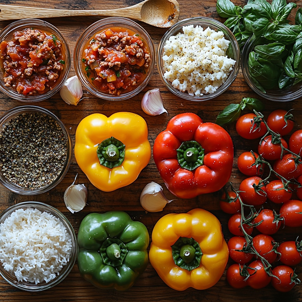 A clean, light wooden surface with all main ingredients for stuffed peppers artfully arranged in a balanced flat lay: six vibrant bell peppers in mixed colors (red, yellow, green, orange) with smooth, glossy skins; a small white bowl of raw lean ground beef with rich red hues and some marbling; another small bowl with Italian sausage showing coarse texture and specks of herbs; a small glass bowl of diced yellow onion, translucent and glistening; two garlic cloves, whole and peeled, with delicate papery skins; an opened can with bright red petite diced tomatoes swimming in juices; a small clear measuring cup with sparkling water; a small glass bowl holding dark, glossy Worcestershire sauce; a small heap of uncooked long grain white rice with smooth, polished grains; a tiny bowl with mixed Italian seasoning, showing flecks of green and brown herbs; small piles of fine salt and coarsely ground black pepper, their contrasting textures clear; a glass bowl with deep red marinara sauce, thick and rich; and a small bowl of shredded mozzarella cheese, light and fluffy with soft curls. The ingredients are spaced evenly with some rustic wooden spoons and vintage measuring spoons nearby, soft natural lighting emphasizing fresh colors and textures, subtle shadows creating depth, styled with fresh basil sprigs and a clean linen napkin partially visible for warmth. Overhead shot, top down view, flat lay photography, professional food styling --ar 1:1 --q 2 --s 750 --v 6.1