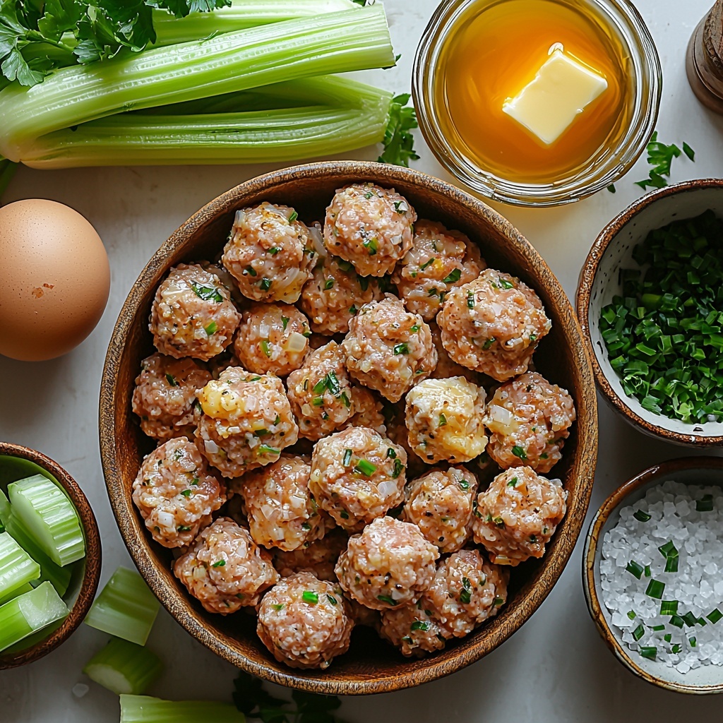turkey and stuffing meatballs ingredients arranged flat lay on a clean white surface: a small glass bowl with minced yellow onion, a few finely diced celery pieces scattered nearby, a small clear measuring cup with golden melted butter, a rustic wooden bowl containing ground turkey (85% lean) with visible pink and white marbling, a smaller bowl holding ground sausage with a rich reddish-brown color, a whisked large egg in a white ceramic bowl, a small ceramic dish of chicken broth with a warm amber tone, a separate small bowl with clear water, an unopened 6 oz. box of turkey stovetop stuffing with crisp packaging detail, a small vintage salt cellar with coarse salt crystals and a tiny pepper mill nearby, all ingredients spaced evenly to showcase contrast in colors and textures – soft minced onion, smooth liquid butter, meaty textures of turkey and sausage, crisp diced celery, glossy egg mixture, bright and clean background enhancing natural hues, minimal shadows, balanced composition with negative space for a modern, fresh feel, natural light from side to emphasize textures and colors, overhead shot, top down view, flat lay photography, professional food styling --ar 1:1 --q 2 --s 750 --v 6.1