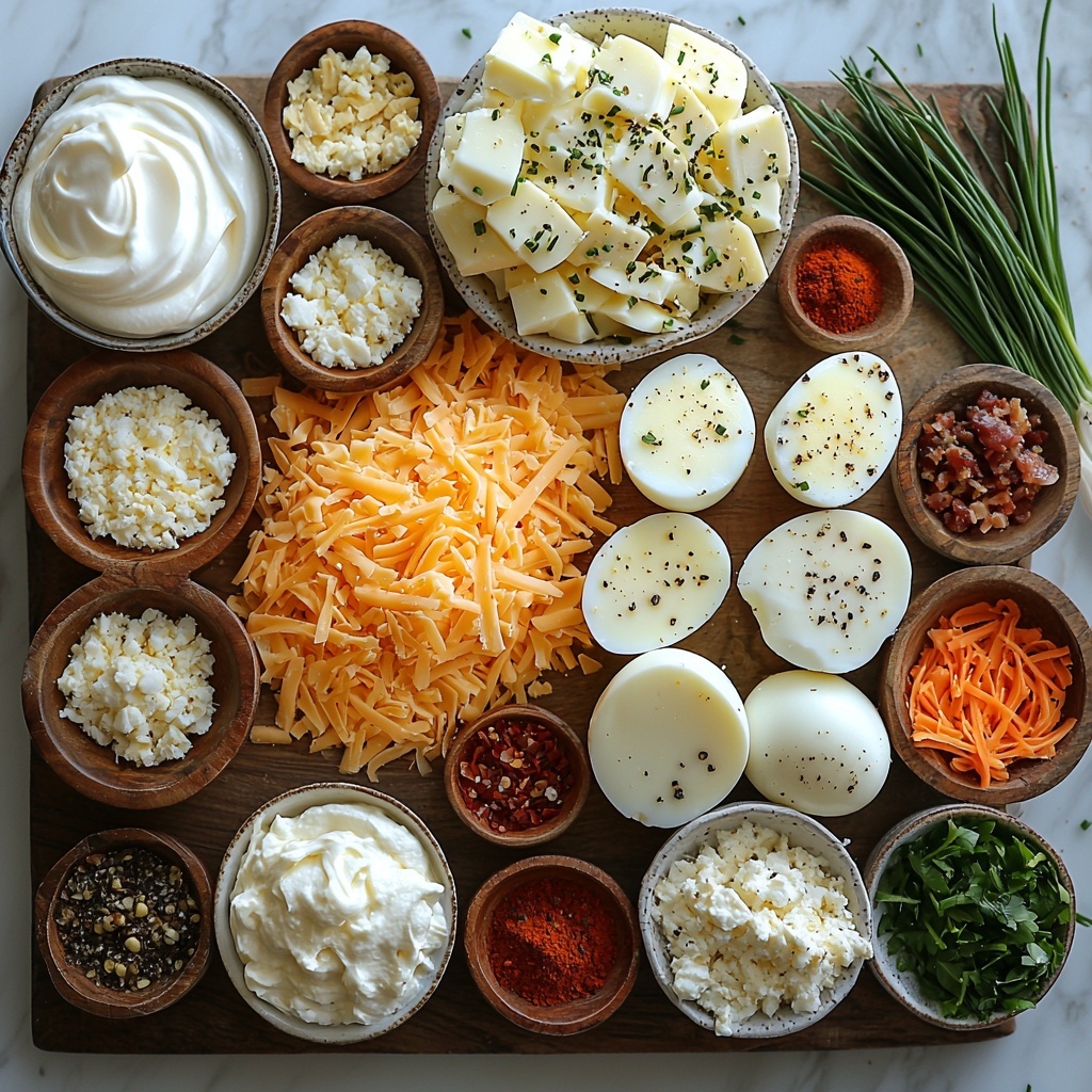 Cream cheese softened in a small bowl, smooth and creamy white texture; half cup sour cream in a clear glass bowl, thick and glossy; half cup mayonnaise in a white ceramic bowl, silky and pale; four hard-boiled eggs peeled and chopped, bright white with yellow yolks scattered on a wooden board; one and a half cups shredded sharp cheddar cheese, vibrant orange and finely grated in a neat pile; quarter cup finely chopped fresh chives, deep green and finely textured on a small white dish; teaspoon of Dijon mustard in a rustic small spoon, smooth and golden yellow; sprinklings of garlic powder and onion powder in tiny wooden spoons, off-white powders with soft textures; half teaspoon smoked paprika in a shallow bowl, rich reddish-orange powder; small heap of salt crystals and freshly ground black peppercorns nearby; optional quarter cup cooked and crumbled bacon, crispy and reddish-brown, or diced jalapeños vibrant green and glossy in a small bowl; all ingredients arranged carefully on a clean white marble surface with soft natural light creating gentle shadows, emphasizing the diverse colors and textures, minimalistic composition with some kitchen tools like a wooden spoon and linen napkin adding warmth; fresh chives and cheddar cheese slightly spilling for an organic, inviting feel. Overhead shot, top down view, flat lay photography, professional food styling --ar 1:1 --q 2 --s 750 --v 6.1