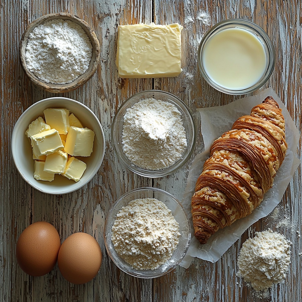 A clean, light-colored wooden surface serving as the backdrop, neatly arranged with all the main ingredients for croissant bread loaf in flat lay style. On one side, a small glass bowl filled with warm whole milk, creamy and slightly frothy on top, next to a small heap of golden instant yeast granules scattered lightly beside it. Nearby, a clear glass bowl of sparkling granulated sugar catching the light, contrasting with a small white ramekin holding fine salt crystals. Three small pieces of pale yellow, softened unsalted butter rest on a white ceramic dish, and nearby a larger slab of slightly softened salted butter with a creamy texture is placed on rustic parchment paper, showcasing its rich color and smooth surface. Three cups of all-purpose flour in a neat mound with a slight dusting of extra flour scattered artistically around it, adding soft powdery texture. A single large fresh egg with its smooth, glossy shell placed alongside a small glass bowl containing water, clear and reflective. The overall composition is balanced and aesthetically pleasing with subtle natural light creating soft shadows, highlighting the textures and colors – creamy whites, warm yellows, soft beige flour, and clear glass elements. Styled with minimal props, no clutter, emphasizing purity and freshness of ingredients. Overhead shot, top down view, flat lay photography, professional food styling --ar 1:1 --q 2 --s 750 --v 6.1