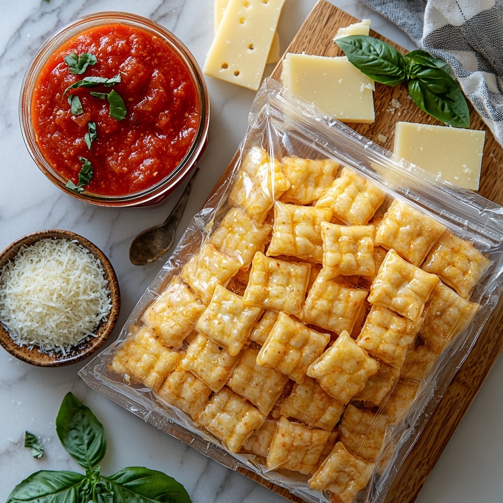frozen cheese ravioli in a crinkled clear plastic bag with visible small golden cheese pockets, a glass jar of vibrant red pasta sauce with rustic tomato chunks and fresh basil flecks inside, a generous heap of shredded mozzarella cheese piled loosely on a light wooden board showing soft, fluffy texture, and a small rustic bowl of finely shredded parmesan cheese with a pale ivory color and slightly granular texture, all arranged neatly and spaced evenly on a clean white marble countertop with soft natural light casting gentle shadows, accentuated by scattered fresh basil leaves and a small vintage silver spoon beside the cheeses for added interest, colors rich and inviting with reds, creams, and whites contrasted against the marble background, minimalistic style emphasizing textures and freshness, overhead shot, top down view, flat lay photography, professional food styling --ar 1:1 --q 2 --s 750 --v 6.1