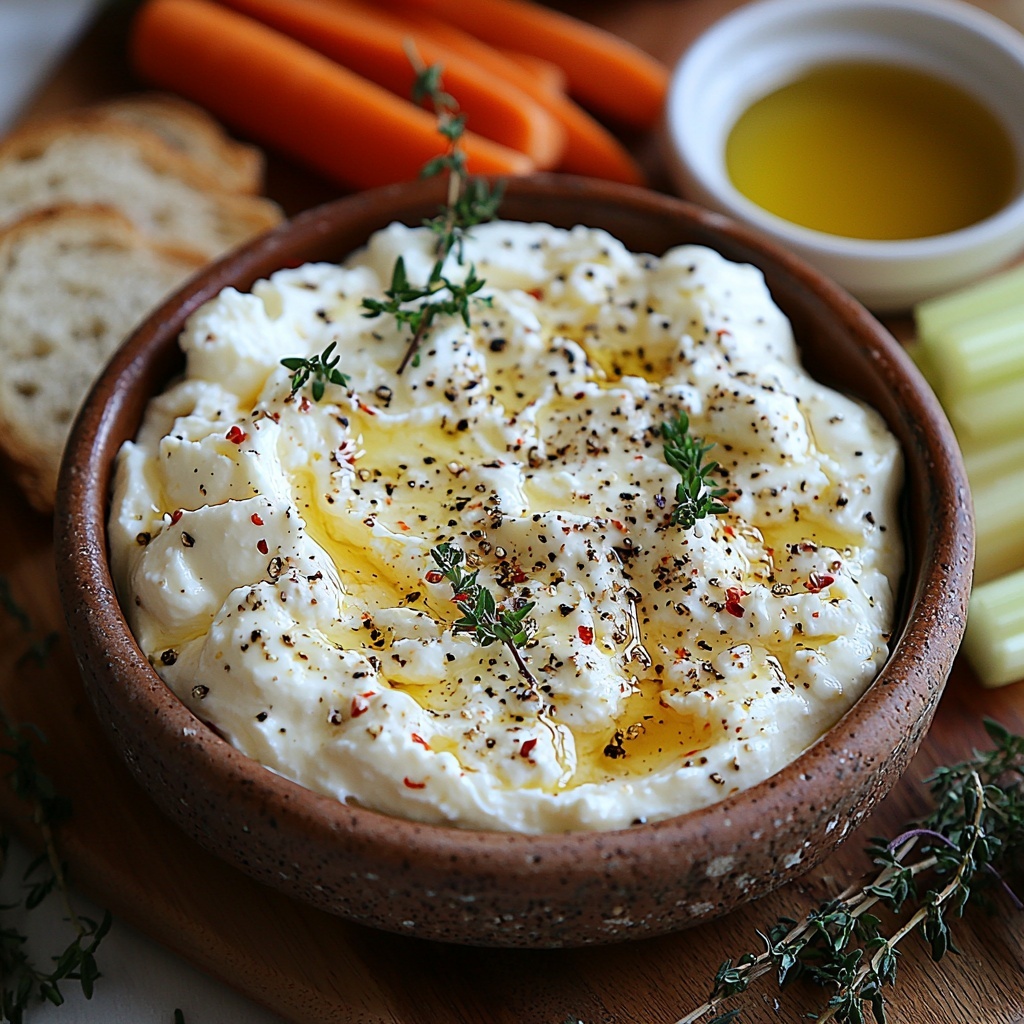 4 oz creamy Boursin cheese in a small round bowl, 4 oz softened cream cheese in a rustic ceramic dish, 1 cup shredded mozzarella cheese loosely piled with soft, fluffy texture, a small glass jar of golden amber hot honey with wooden honey dipper resting beside it, fresh green thyme sprigs scattered artfully around, small white dish holding vibrant red pepper flakes, a black pepper grinder tipped over with coarse cracked black pepper spilling out next to a drizzle of olive oil in a shallow white bowl, toasted sliced bread arranged fanned out on a wooden board, assorted fresh sliced colorful vegetables such as bright orange carrots, crisp green celery sticks, and pale yellow bell pepper strips grouped neatly, all ingredients spread out on a clean, light natural wood surface with soft natural lighting highlighting the rich creamy textures and vibrant colors, minimal shadows, styled with rustic casual elegance and subtle contrasts for visual interest, overhead shot, top down view, flat lay photography, professional food styling --ar 1:1 --q 2 --s 750 --v 6.1