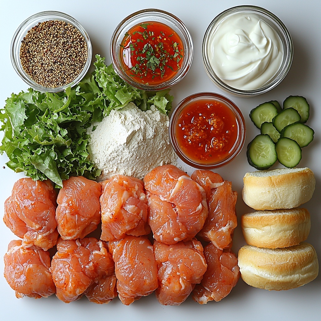 boneless skinless chicken breasts raw and fresh, a small bowl of creamy buttermilk, a mound of all-purpose flour dusted with paprika and garlic powder, small piles of paprika, garlic powder, salt, black pepper spices arranged neatly, vegetable oil in a clear glass jar, soft slider buns with a golden crust, a small bowl of pale creamy mayonnaise, a small bowl of bright red sweet chili sauce, a small bowl of vibrant orange sriracha, shredded green lettuce leaves loosely piled, neatly sliced green pickles arranged in a fan shape, all ingredients spaced evenly on a clean white surface, natural light highlighting the varied textures from crispy flour to smooth sauces, subtle shadows for depth, minimalist and bright color palette, fresh and inviting styling, overhead shot, top down view, flat lay photography, professional food styling --ar 1:1 --q 2 --s 750 --v 6.1