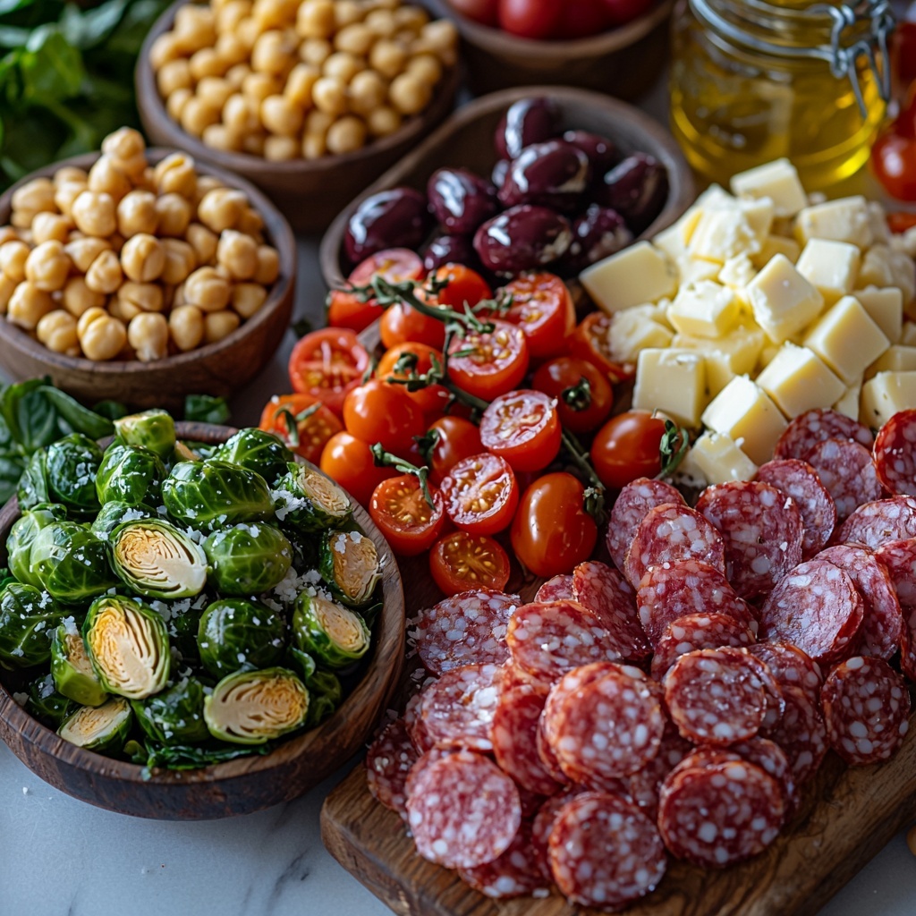 Italian Brussels sprouts salad ingredients arranged on a clean white marble surface: vibrant green shredded Brussels sprouts piled neatly in a small wooden bowl, glossy dark purple Kalamata olives sliced and scattered beside them, bright red halved cherry tomatoes grouped in a small heap, pale golden chickpeas rinsed and drained in a rustic ceramic dish, thinly sliced deep red Genoa salami strips fanned out on a wooden board, translucent thin red onion slices artfully layered next to cubed pale yellow provolone cheese, scattered curly shavings of creamy white parmesan cheese, pale green sliced pepperoncinis forming a loose pile, small glass bowl of rich golden olive oil, petite dish with deep red wine vinegar, a tiny heap of coarse white salt, a small pile of finely minced white garlic clove, mustard yellow Dijon mustard dolloped on a spoon, a small jar with Italian seasoning herbs visible, and a black pepper mill positioned nearby. Natural soft daylight enhances the freshness and variety of colors and textures; rustic wooden utensils and light linen napkins provide subtle accents. Composition balanced with negative space and inviting warmth. Overhead shot, top down view, flat lay photography, professional food styling --ar 1:1 --q 2 --s 750 --v 6.1