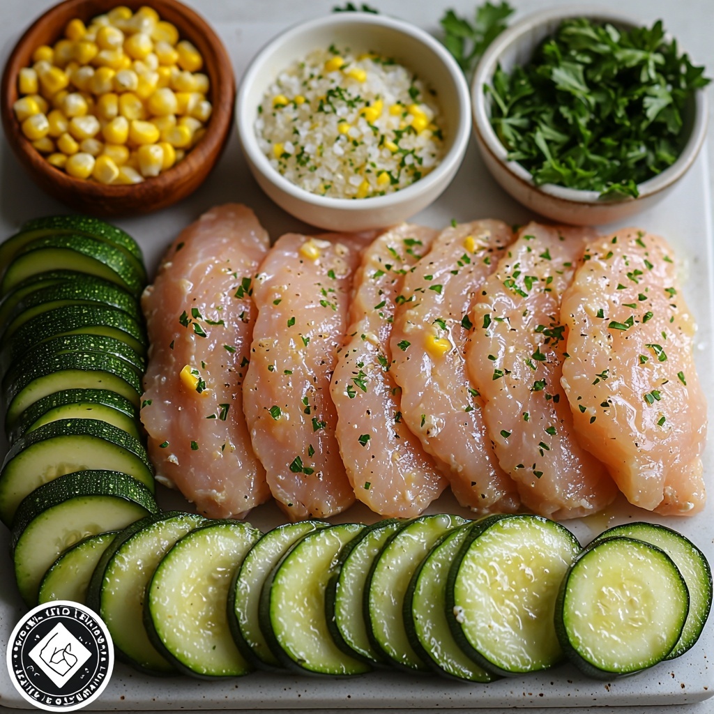 boneless skinless chicken breasts, smooth pale pink and plump, arranged neatly in a row; rich golden garlic butter in a small glass bowl with a creamy texture; medium zucchinis sliced into vibrant green rounds with pale interiors, scattered elegantly; bright yellow corn kernels heaped lightly on a small white ceramic dish and some spilled loosely around for a natural feel; rustic sea salt and cracked black pepper in small wooden bowls; fresh parsley sprigs with vivid green leaves placed delicately as garnish accents; all ingredients set on a clean white marble surface to enhance colors and textures, soft natural lighting highlighting the freshness and glossiness of the butter and chicken, subtle shadows adding depth, minimalistic and airy styling, overhead shot, top down view, flat lay photography, professional food styling --ar 1:1 --q 2 --s 750 --v 6.1