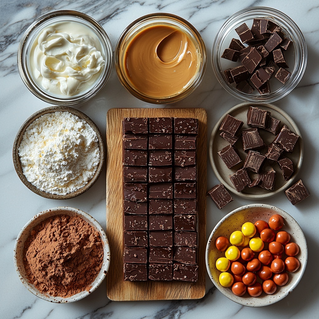 Chocolate cake mix box with eggs, oil, and water ingredients displayed alongside a bowl of smooth melted creamy peanut butter in warm amber tones; a shiny can of sweetened condensed milk partially opened revealing thick, glossy white condensed milk; a small box of instant vanilla pudding mix with soft powder spilling slightly; a glass measuring cup filled with whole milk, creamy white and slightly reflective; a block of softened cream cheese on a white ceramic plate with a small silver spoon; a small bowl of fine, white powdered sugar with a delicate dusting around it; a glass bowl of thick heavy whipping cream, glossy and rich; a small bottle of vanilla extract with golden amber liquid; a small bowl of additional melted peanut butter for garnish with glossy swirls; chopped Reese’s Cups showing rich chocolate and peanut butter cores artfully scattered on a rustic wooden board; colorful Reese’s Pieces candies in a clear glass bowl adding vibrant orange, yellow, and red pops of color; all ingredients carefully arranged on a clean white marble surface with soft natural lighting highlighting textures and colors, slight shadows for depth, minimalistic and inviting styling, subtle props like a wooden spoon and linen napkin for warmth, overhead shot, top down view, flat lay photography, professional food styling --ar 1:1 --q 2 --s 750 --v 6.1