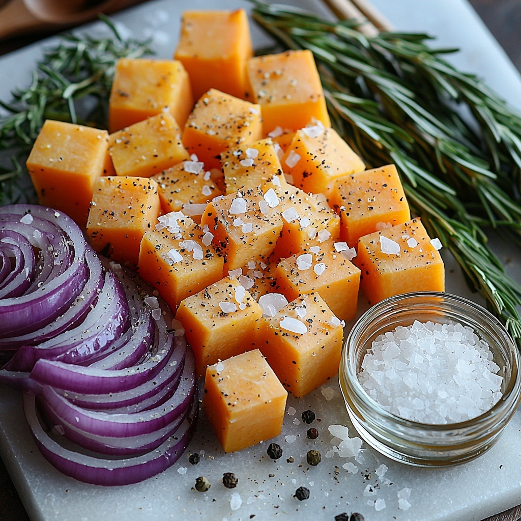 medium butternut squash peeled and cut into roughly 3/4-inch cubes, medium sweet potatoes peeled and cut into roughly 3/4-inch cubes, red onion peeled and sliced into long strips, large garlic cloves minced, fresh thyme sprigs, roughly chopped fresh rosemary, small glass bowl of olive oil, scattered sea salt flakes and cracked black peppercorns on a clean white marble surface, ingredients neatly arranged in loose groups with vibrant orange and purple hues contrasting with green herbs, natural textures of smooth squash, sweet potatoes, layered onion slices, and delicate herb leaves emphasized, soft natural light highlighting the freshness and colors, subtle shadows for depth, clean and minimalistic styling with some rustic wooden spoon and parchment paper edges peeking in, overhead shot, top down view, flat lay photography, professional food styling --ar 1:1 --q 2 --s 750 --v 6.1