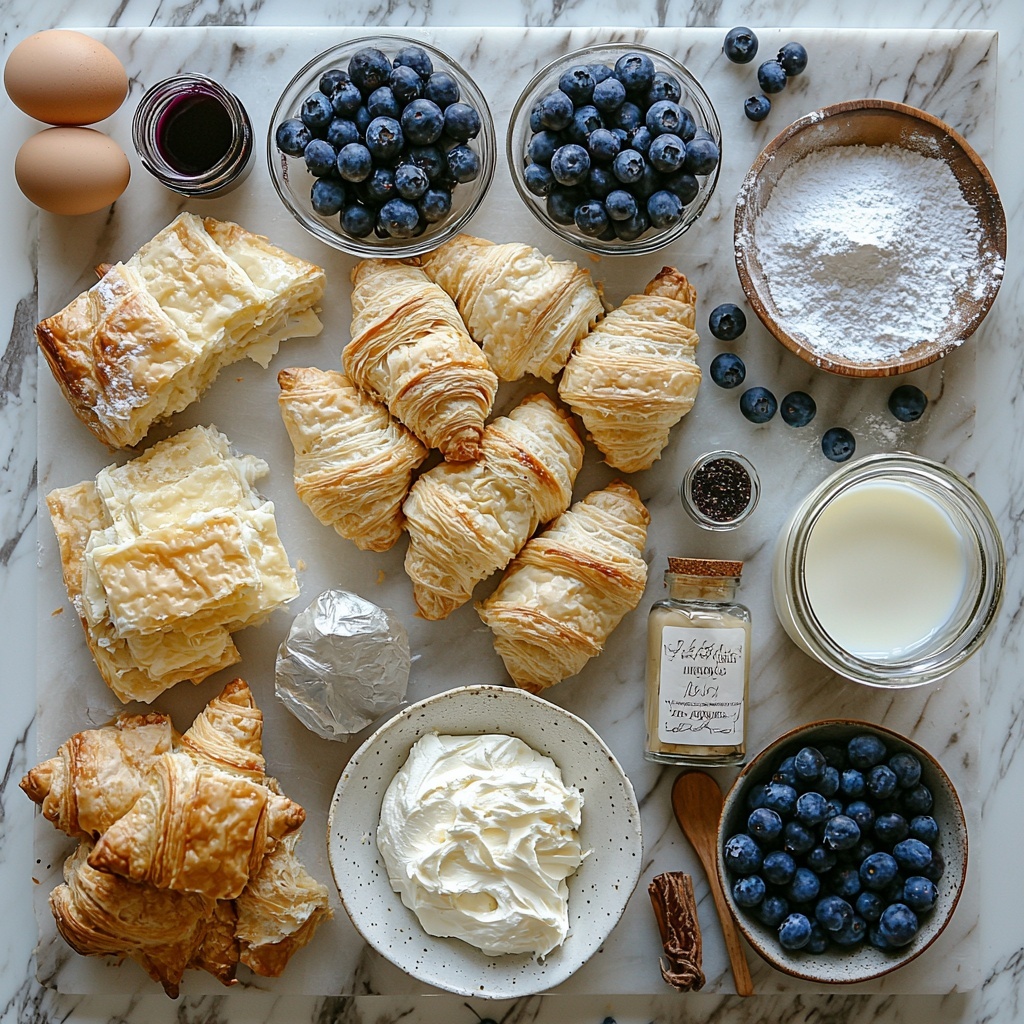 A clean white marble surface with neatly arranged ingredients for Blueberry Cream Cheese Croissant Casserole: six large day-old croissants torn into rustic, golden flaky chunks with visible layers; a small white bowl filled with softened, creamy off-white cream cheese; a clear glass cup of granulated sugar sparkling in soft light; a small glass bowl holding plump fresh blueberries, deep blue with a slight sheen; a wooden spoon resting beside a small bottle of vanilla extract with a warm amber tint; four large brown eggs with smooth shells placed in a row; a small glass pitcher of whole milk, milky white and reflective; a small cream-colored ceramic bowl holding rich, thick heavy cream; a tiny white dish with ground cinnamon powder, warm brown and finely textured; a pinch of flaky sea salt sprinkled beside ingredients; a sieve lightly dusted with powdered sugar powder for texture; extra blueberries artistically scattered for pops of color; soft natural lighting highlighting the textures and subtle glisten on the croissant flakes and blueberries; arranged with balance and simplicity to emphasize freshness and the rich variety of textures and hues; overhead shot, top down view, flat lay photography, professional food styling --ar 1:1 --q 2 --s 750 --v 6.1