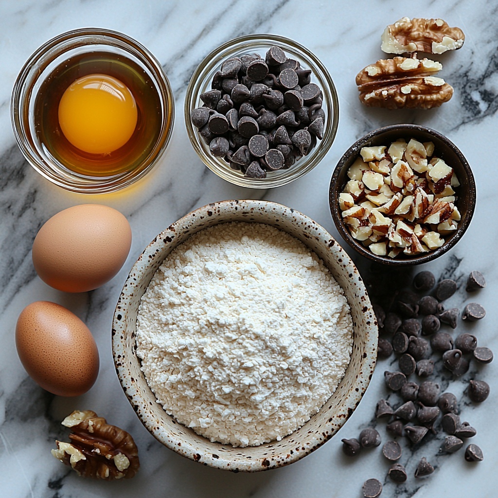 2 cups almond flour in a small rustic ceramic bowl with a soft, powdery texture, ½ teaspoon baking soda and ¼ teaspoon salt in tiny white porcelain spoons, a clear glass bowl with ¼ cup melted coconut oil showing a glossy, smooth liquid, a small ramekin of ¼ cup golden honey with warm amber tones, one large brown egg with a smooth shell, a small glass dish of golden maple syrup glistening in natural light, a sleek bottle or small jar of vanilla extract with a dark brown liquid inside, ½ cup semi-sweet chocolate chips scattered loosely on the clean surface showcasing shiny, deep brown morsels, optional ¼ cup chopped walnuts and pecans with rough, textured surfaces in a small bowl, all arranged neatly and symmetrically on a bright, neutral-toned clean marble or light wooden surface with soft natural daylight casting gentle shadows, minimalistic styling with neutral linen napkin and a vintage silver measuring spoon for contrast, focus on textures and warm natural colors, overhead shot, top down view, flat lay photography, professional food styling --ar 1:1 --q 2 --s 750 --v 6.1