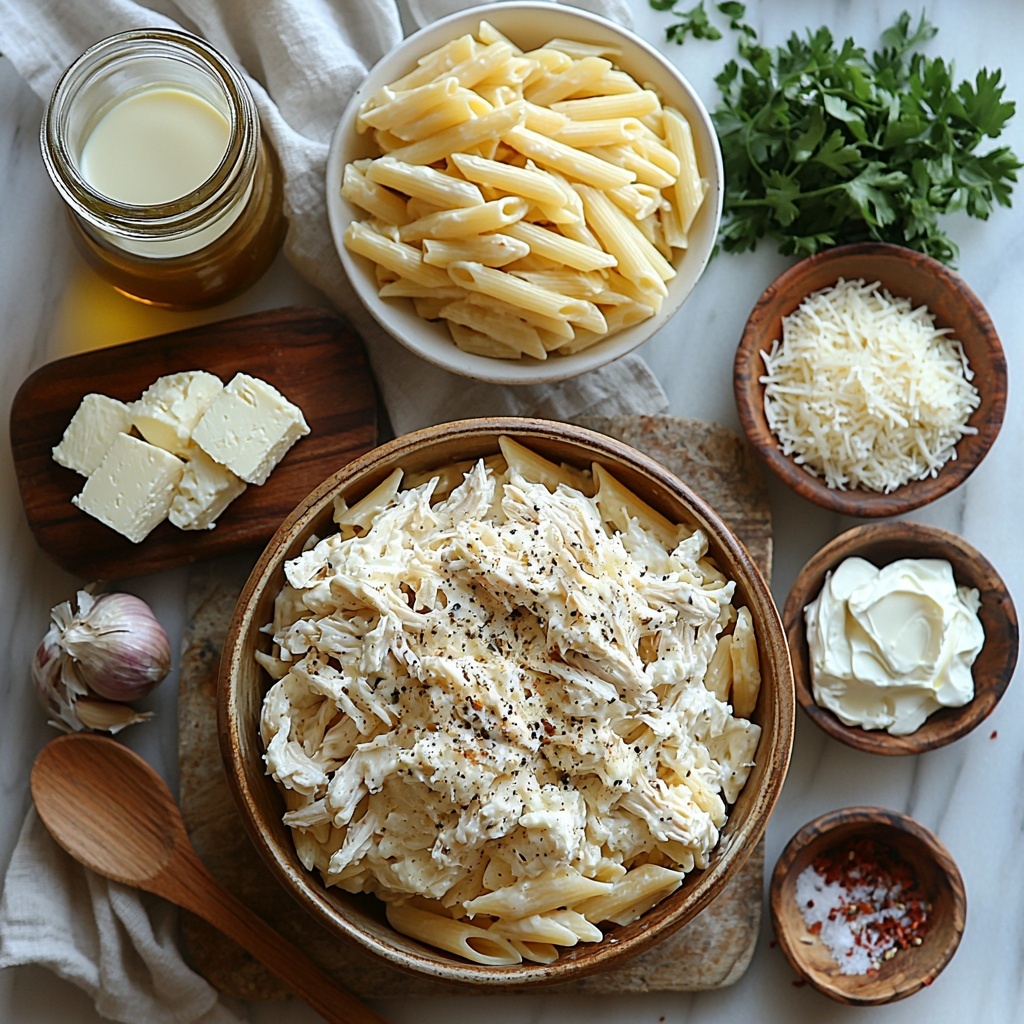 A clean white marble surface with neatly arranged ingredients for Chicken Alfredo Casserole: a rustic bowl of golden penne pasta, a small glass jar of rich Bertolli extra virgin olive oil with a wooden drizzle spoon, a white plate piled with shredded cooked chicken breast, fresh minced garlic cloves on a small ceramic dish, a block of soft cream cheese on a wooden board with a butter knife, a clear measuring cup filled with creamy milk, a bowl of thick, velvety Alfredo sauce, small ramekins containing Italian seasoning, salt, and pepper with fine textures visible, separate bowls showcasing shredded mozzarella cheese and finely grated Parmesan cheese with their delicate textures and creamy white and pale yellow hues, and a small bunch of chopped fresh parsley adding vibrant green color for garnish. All ingredients spaced evenly, subtle natural lighting emphasizing textures and freshness, soft shadows adding depth, styled with minimal rustic props like linen napkins and wooden spoons. overhead shot, top down view, flat lay photography, professional food styling --ar 1:1 --q 2 --s 750 --v 6.1