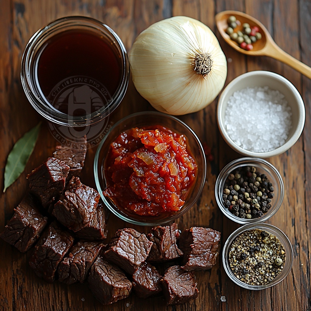 steaming beef chunks raw and cut into 1/2 to 1 inch pieces, glossy oil in a small glass bowl, a large yellow onion diced finely showing layers and texture, two cloves of garlic minced with some whole cloves nearby, a clear glass measuring cup filled with deep red dry red wine, a small bowl of vibrant red Hungarian paprika powder, a smooth reddish-brown tomato paste dollop on a white ceramic spoon, a sprinkle of dried marjoram leaves scattered delicately, small piles of salt and freshly ground black pepper showing crystalline and coarse textures, a white ceramic bowl filled with rich beef broth, a fresh green bay leaf placed neatly on a wooden surface, a small transparent bowl with cornstarch dissolved in water creating a milky liquid, all ingredients arranged neatly and symmetrically on a clean light wooden surface with natural soft daylight highlighting textures and colors, some rustic kitchen props like a wooden spoon and linen napkin nearby to add warmth and authenticity, overhead shot, top down view, flat lay photography, professional food styling --ar 1:1 --q 2 --s 750 --v 6.1
