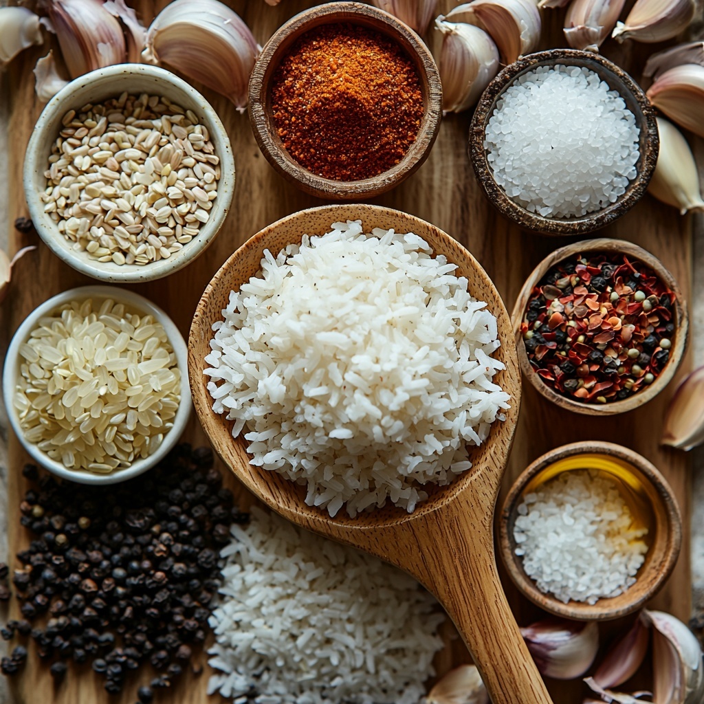 A clean, neutral-toned surface with all main ingredients for Texas Roadhouse Seasoned Rice neatly arranged in an inviting flat lay: a small mound of long-grain white rice spilling softly on a wooden spoon, a clear glass bowl filled with golden chicken broth shimmering under soft light, a small white ceramic dish of rich olive oil catching highlights, scattered piles of vibrant orange-red paprika, coarse black peppercorns, fine white salt crystals, warm beige garlic powder and onion powder in delicate porcelain spoons, and a tiny bowl with bright red cayenne pepper adding a pop of color. The textures contrast beautifully—the smooth liquid, the fluffy rice grains, the dusty spices—and the colors range from warm earth tones to clean whites, styled with fresh rustic kitchen towels, minimal shadows, and natural daylight to evoke homey warmth. overhead shot, top down view, flat lay photography, professional food styling --ar 1:1 --q 2 --s 750 --v 6.1