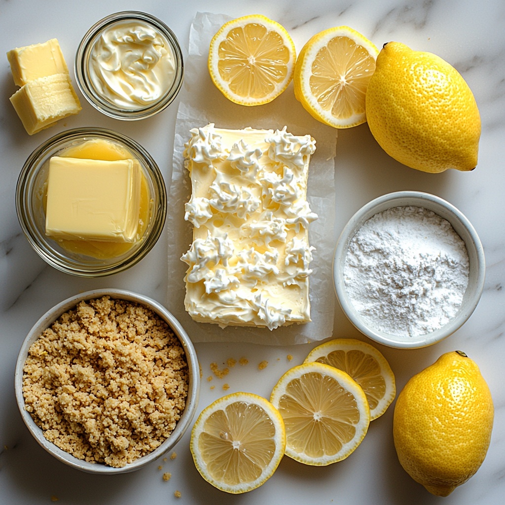 A clean white surface neatly arranged with key ingredients for no-bake lemon cheesecake bars: a small glass bowl filled with golden graham cracker crumbs beside a ramekin of melted pale yellow unsalted butter; a block of smooth, creamy white cream cheese partially unwrapped on parchment paper; a small white bowl heaped with fine powdered sugar; a glass jar of clear, glossy lemon juice next to a bright yellow lemon with fresh zest sprinkled nearby; a white bowl of fluffy whipped cream with stiff peaks; a small dish containing granulated sugar with a fine texture; a few fresh lemon slices showcasing vibrant yellow and juicy pulp; scattered thin strands of fresh yellow lemon zest adding a pop of color and texture. Ingredients are spaced evenly with natural daylight casting soft shadows, highlighting the varied textures—crumbly, creamy, powdery, and juicy. The composition balances bright yellows and whites for a fresh, inviting look. Overhead shot, top down view, flat lay photography, professional food styling --ar 1:1 --q 2 --s 750 --v 6.1