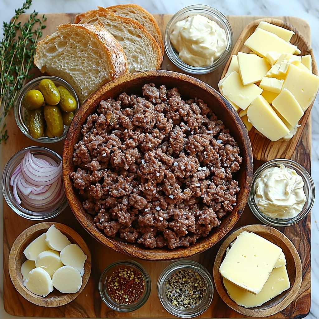 ground beef in a small rustic bowl with visible marbling of fat, small glass bowls with Worcestershire sauce, garlic powder, onion powder, smoked paprika, salt, and black pepper neatly arranged around it; thinly sliced yellow onions fanned out on a wooden cutting board alongside a small dish of unsalted butter and a tiny bottle of olive oil, a pinch of salt sprinkled next to them; a clear bowl with creamy secret sauce showing its pale orange color, next to small bowls containing mayonnaise, ketchup, yellow mustard, and finely diced pickles; slices of rye bread stacked with a pat of soft butter spread on top, and slices of Swiss cheese arranged to show their holes and smooth texture; all ingredients placed on a clean white marble surface, natural light casting soft shadows, with simple props like a linen napkin and a vintage butter knife, colors vibrant and textures detailed, slight crumbs and sprinkle of smoked paprika adding visual interest, overhead shot, top down view, flat lay photography, professional food styling --ar 1:1 --q 2 --s 750 --v 6.1