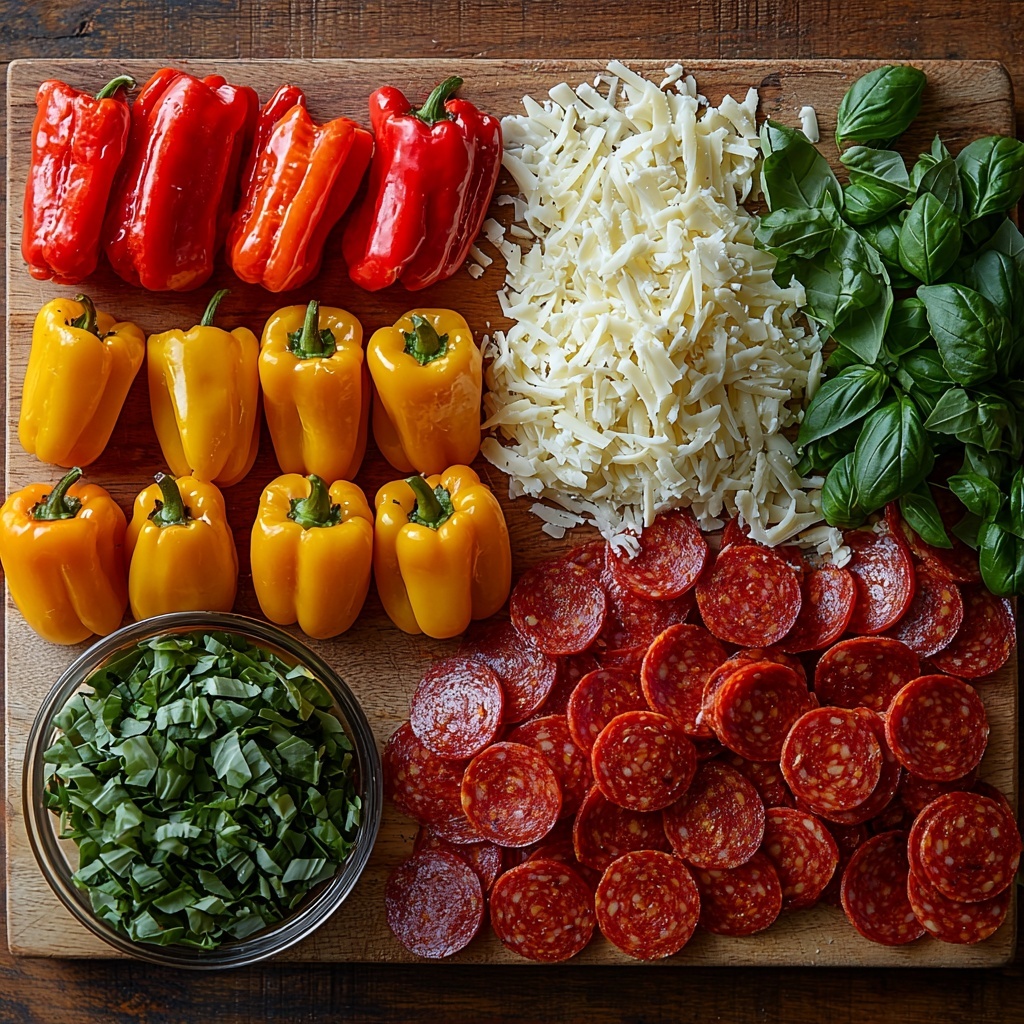 12 halved and seeded mini sweet peppers in vibrant red, orange, and yellow hues, arranged neatly in a row; small clear bowl of bright red pizza sauce with smooth texture placed beside the peppers; a mound of shredded mozzarella cheese showing soft, stringy white strands spilling slightly onto the surface; scattered mini pepperoni slices, deep reddish-brown, glossy and slightly curled at edges, fanned out artistically next to cheese; all ingredients laid out on a clean, light wooden surface with soft natural lighting creating gentle shadows; minimalistic styling with a few fresh green basil leaves for subtle color contrast; focus on vivid colors, fresh textures, and inviting composition; overhead shot, top down view, flat lay photography, professional food styling --ar 1:1 --q 2 --s 750 --v 6.1